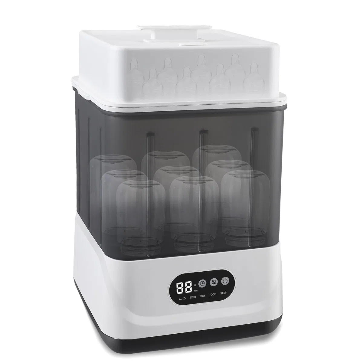 Babyflaschen Sterilisator und Trockner, Sterilisator für Babyflaschen mit Trocknerfunktion Sterilisiert, Trocknet & Heizt,Schnuller-Sterilisator und Selbstabschaltung, 9 Flaschen Kapazität