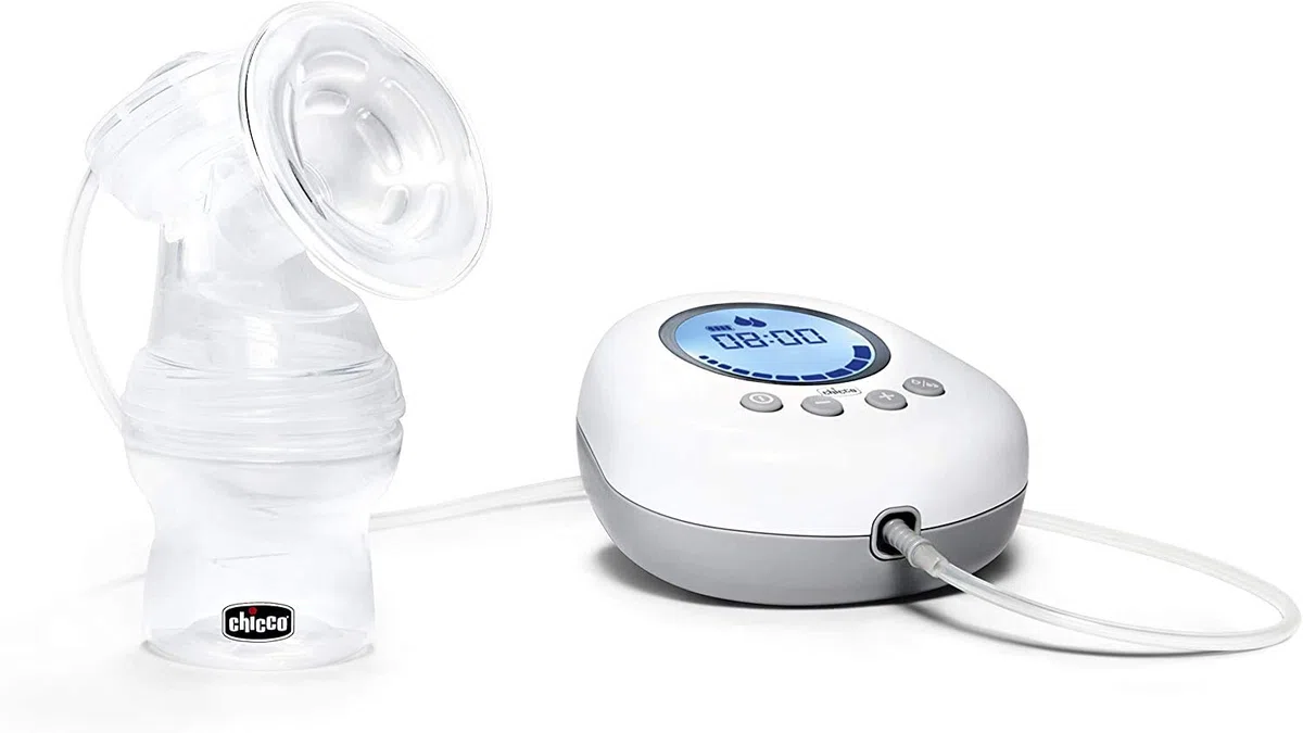 Chicco Naturally Me Elektrische Milchpumpe mit Stimulations- und Zugmodi, 10 Intensitätsstufen, ergonomische Form, mit geneigtem Sauger und luftdichtem Deckel, 150 ml