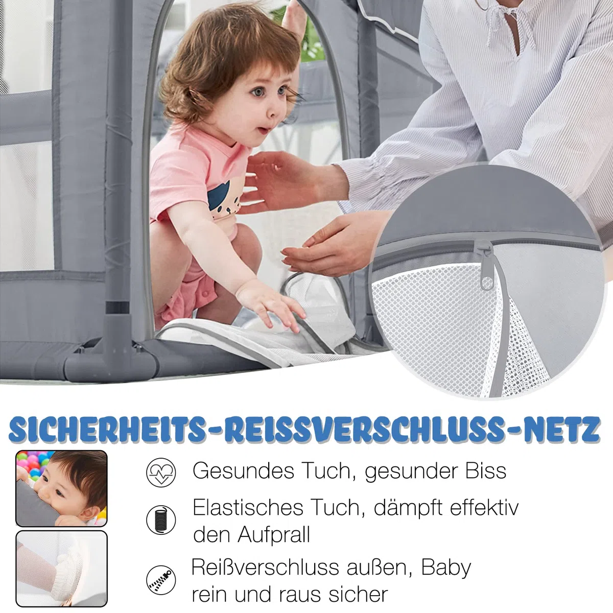 ACXIN Laufstall Baby Laufgitter 127x127x68cm mit Rutschfester Basis und Atmungsaktivem Netz, Stabiler Absperrgitter Aktivitätszentrum für Kinder, Grau