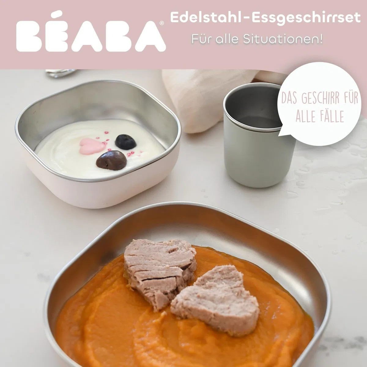 BÉABA Baby-Essensset Edelstahl 3-teilig – Glas + 2 Teller mit Silikonhülle, Mikrowellen- & Spülmaschinengeeignet, Leicht, Bruchsicher & Rutschfest – Farbe Barbapapa