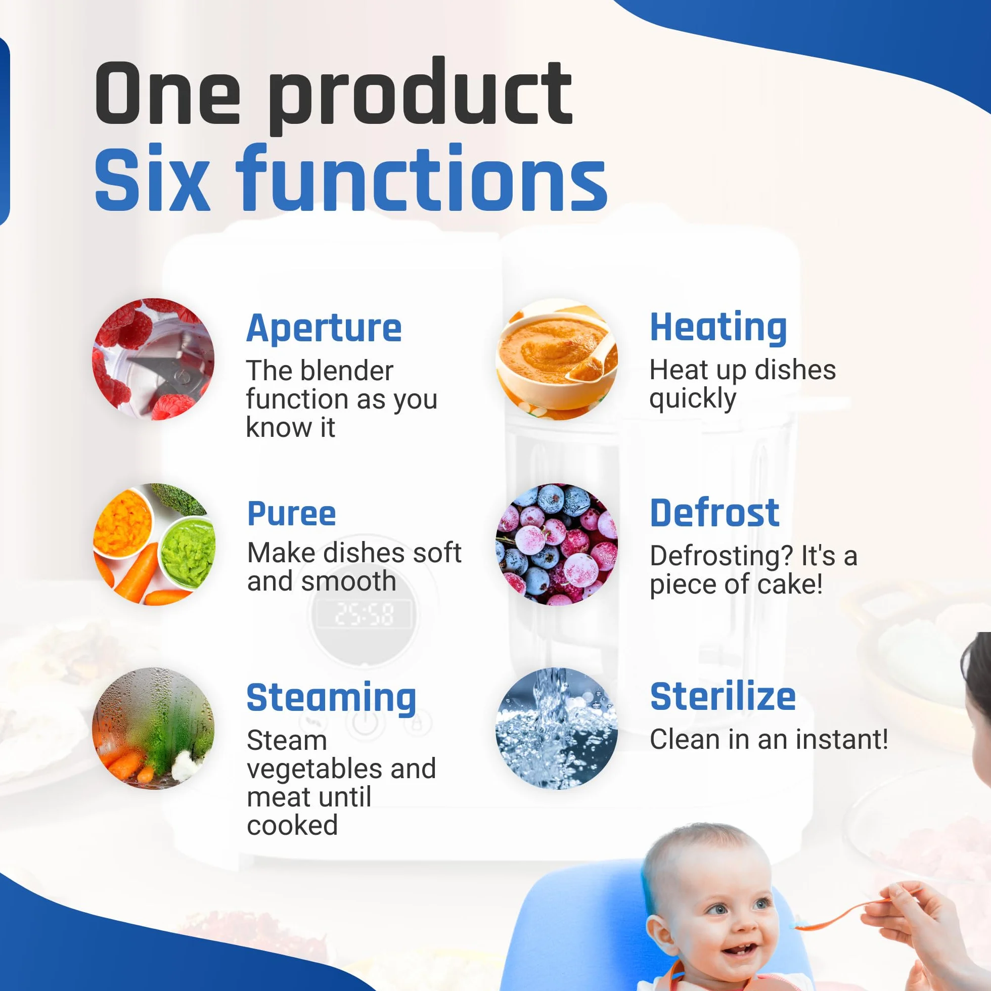 Baby Food Maker, 6-in-1 Babybrei Zubereiter & Dampfgargerät, Mixen, Pürieren, Stomen, Erwärmen, Auftauen & Sterilisieren, 300 ml Edelstahl-Mixbehälter, inkl. 2 Aufbewahrungsbechern, BPA-frei