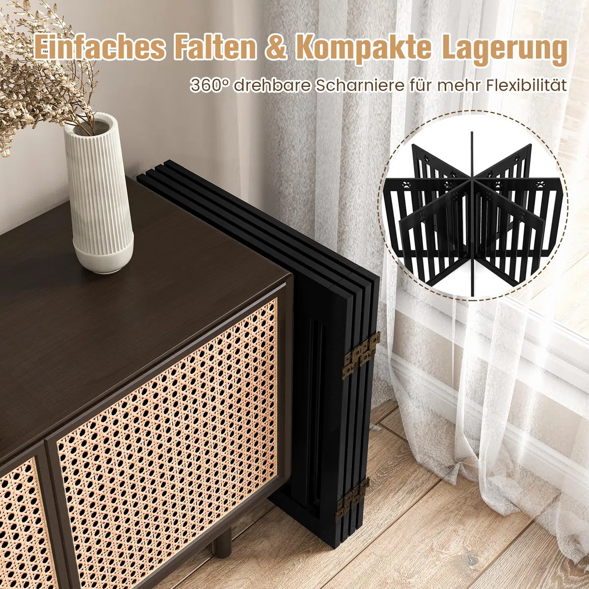 COSTWAY Absperrgitter Hunde, Schutzgitter Holz, Kindergitter klappbar, Treppengitter 60cm Hoch, Hundeabsperrgitter flexibel Türschutzgitter (4 Paneelen, Braun)