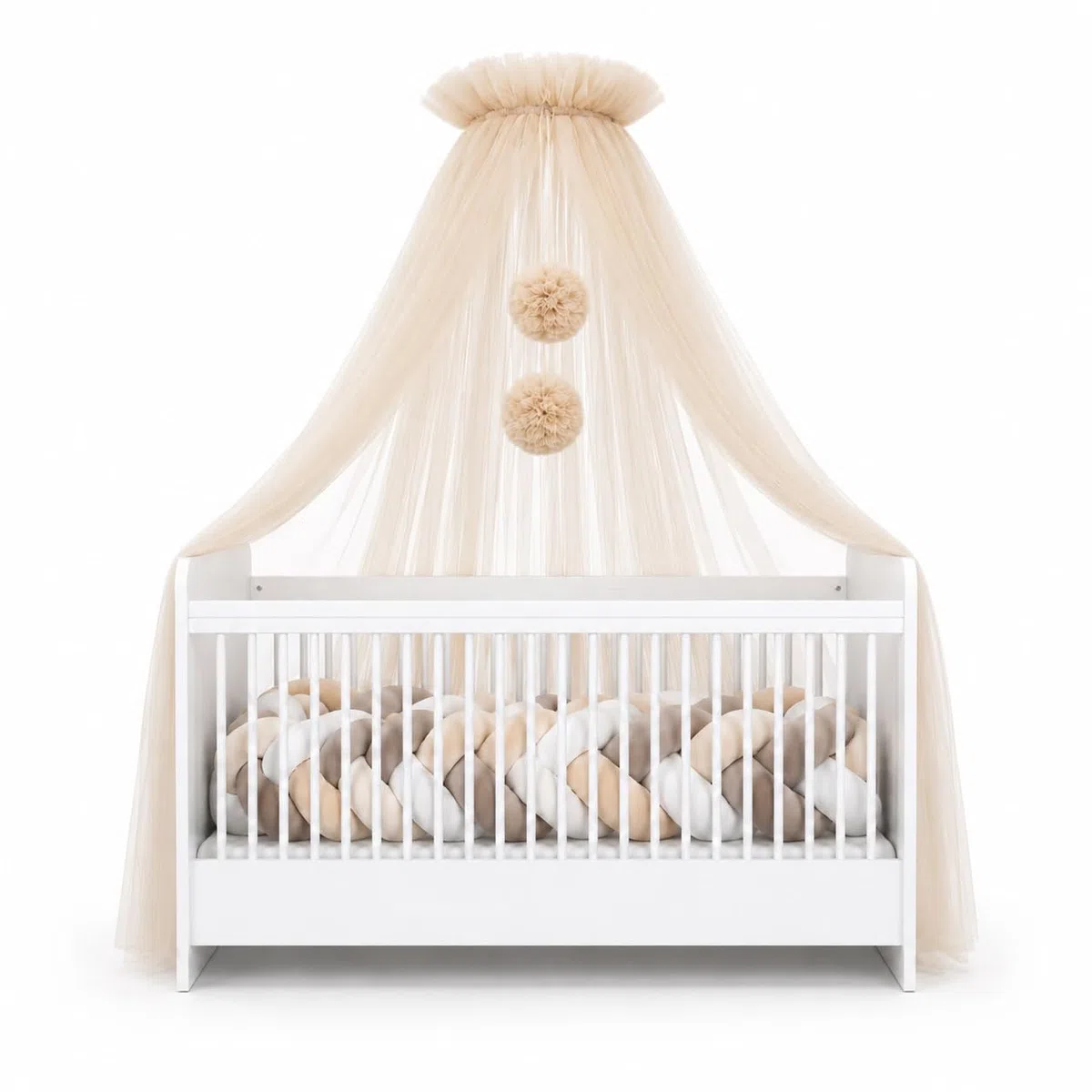 Babybetthimmel aus Tüll, Betthimmel für Babybett, Prinzessin Babywiege, Beistellbett Baby, Moskitonetz, Babyzimmer Deko, Baldachin Kinderzimmer 165cm lang, mit Pompons, Taupe (Nude)