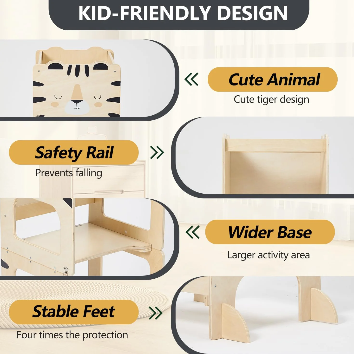 labebe lernturm für Kinder, klappbar Montessori Learning Tower, 3 in 1 lernstuhl Kinder mit Message Boards ab 1 Jahr-Tiger