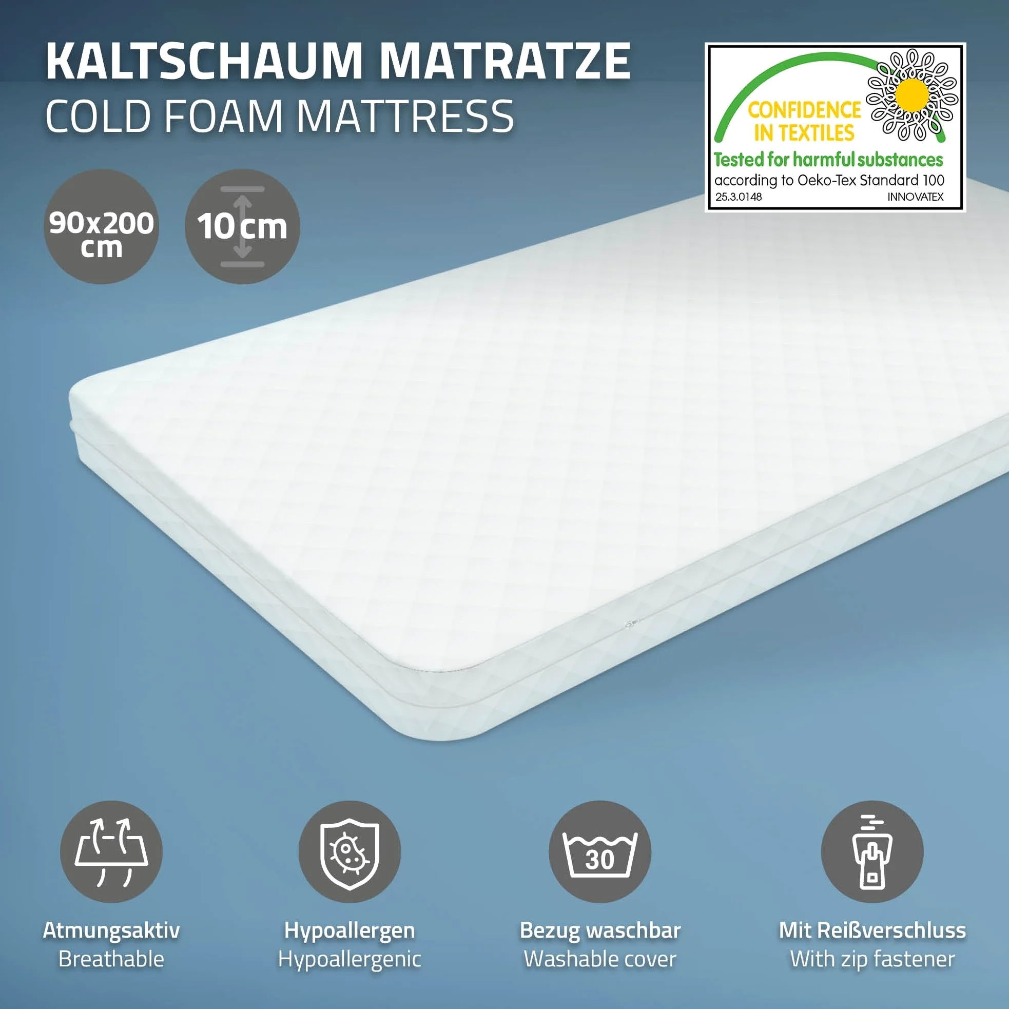 ML-Design Kindermatratze 90 x 200 x 10 cm, Schadstoffgeprüft, Öko-Tex 100 Zertifiziert, Babymatratze Juniormatratze mit Reißverschluss und waschbarem Bezug, Kaltschaummatratze für Kinderbett Babybett