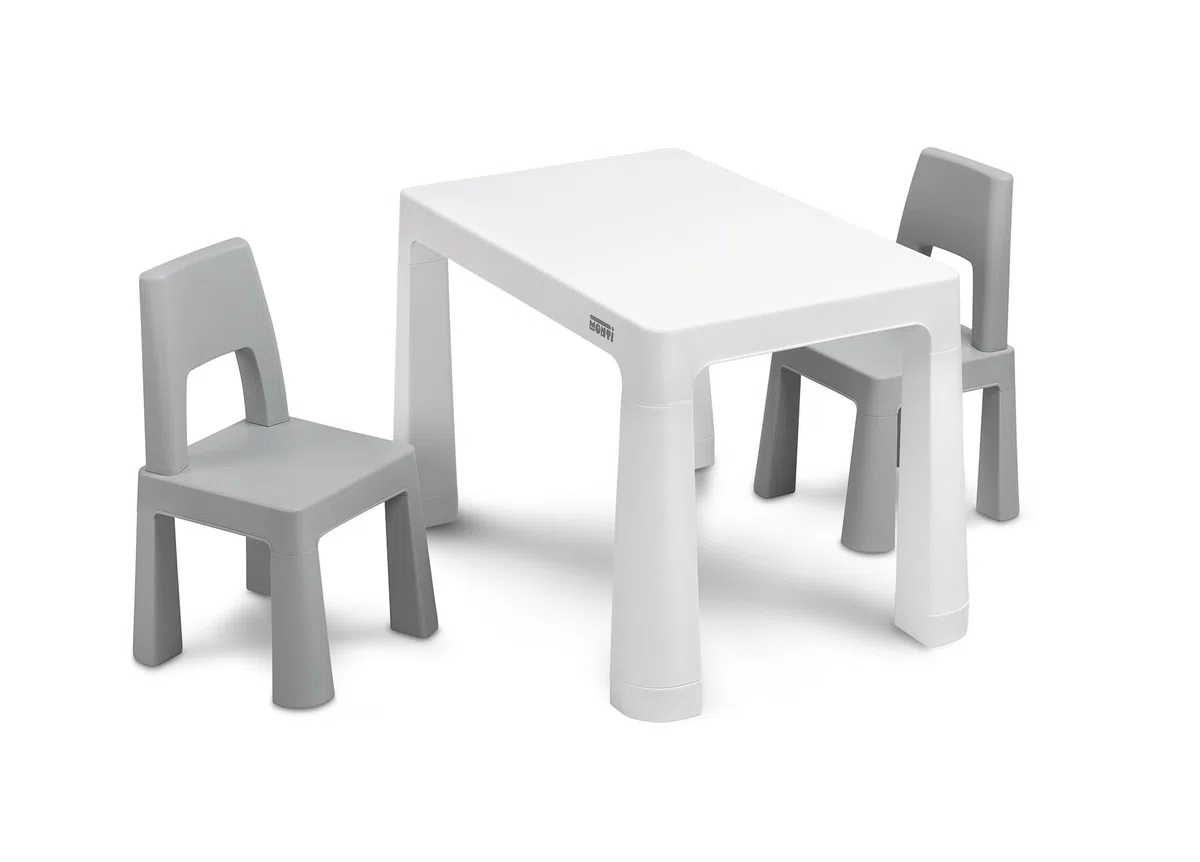 IKS2 Toyz Monti Kindertisch mit 2 Stühlen - Kindersitzgruppe - ab 3 Jahren - Kindermöbel Set Tisch und 2 x Stuhl - Kleiner Tisch und Stühle aus Kunststoff, für Outdoor und Indoor - Grau