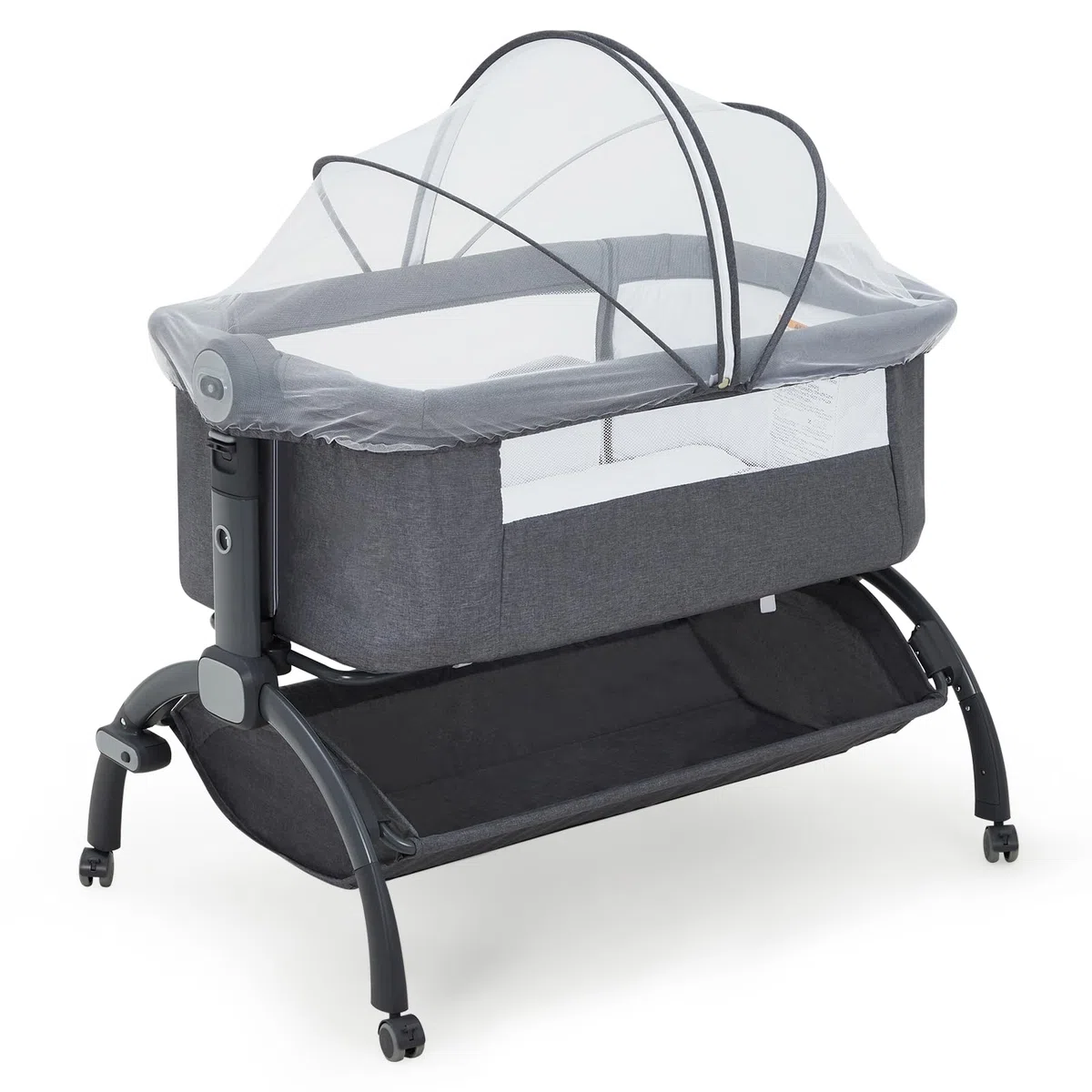 GarveeTech Beistellbett Baby höhenverstellbar mit Matratze, Mesh-Seiten, Wiegefunktion, Rollen mit Bremse, Moskitonetz, Ablagekorb und Tragetasche, für Neugeborene 0–6 Monate