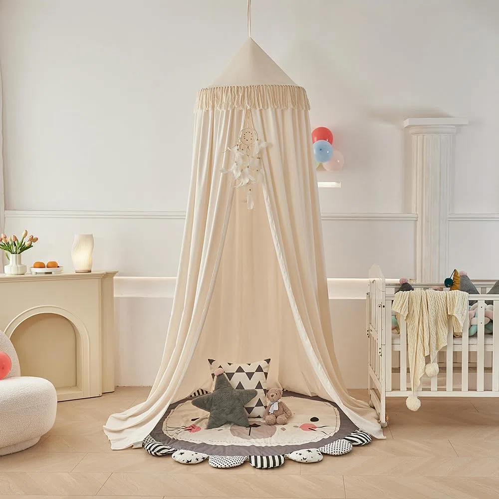 Groß Betthimmel Baldachin Babybett Beige Kinderbett Mädchen Khaki Kinder Baby Himmel Rund Hängendes Kuppel Moskitonnetz Deko 400cm