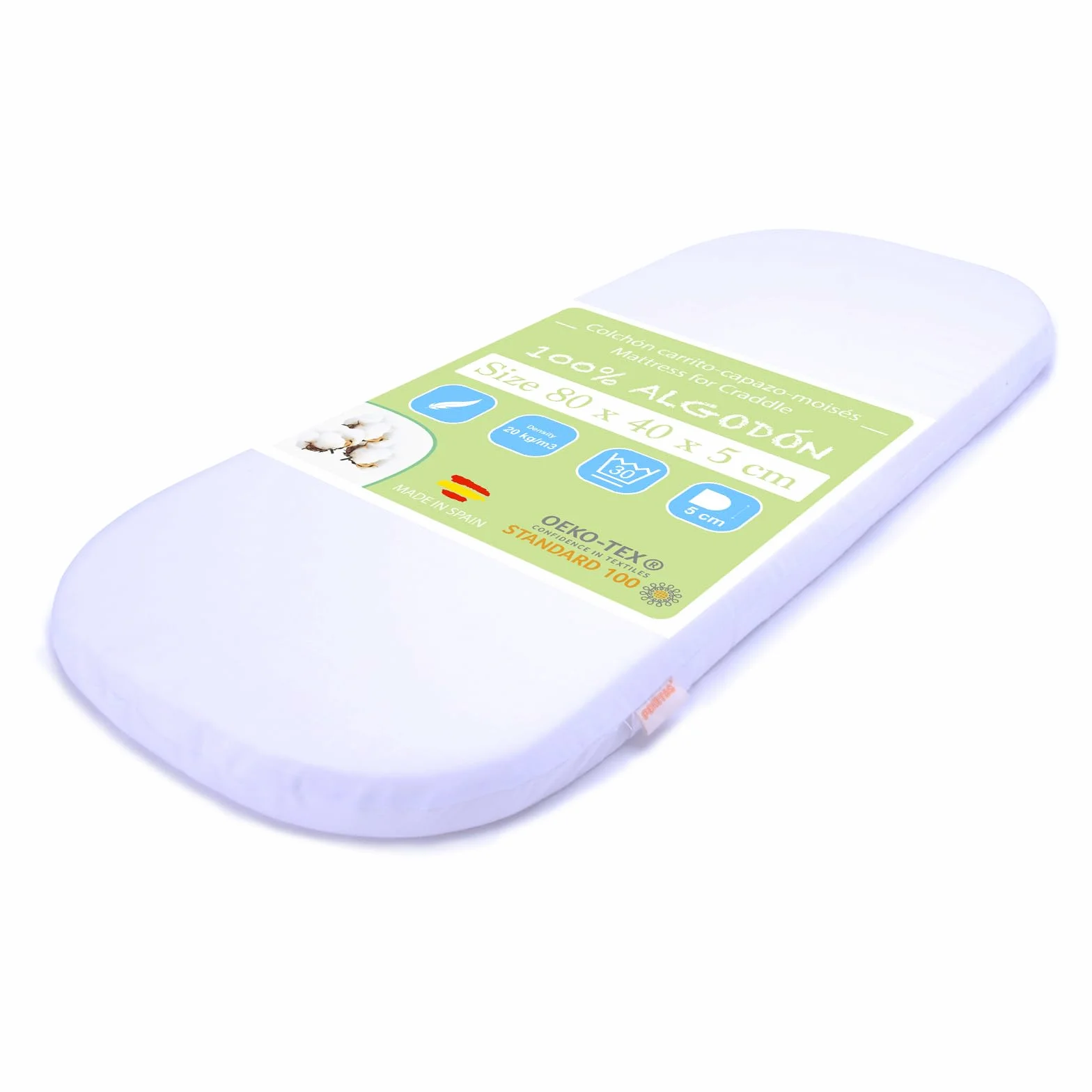 PEKITAS Stubenwagen Baby Matratzen 80x40 cm Höhe 5 cm Oval Kinderwagen Matratze Beistellbett Babywiege Kindermatratze Abnehmbarer, waschbarer Bezug aus 100% Baumwolle