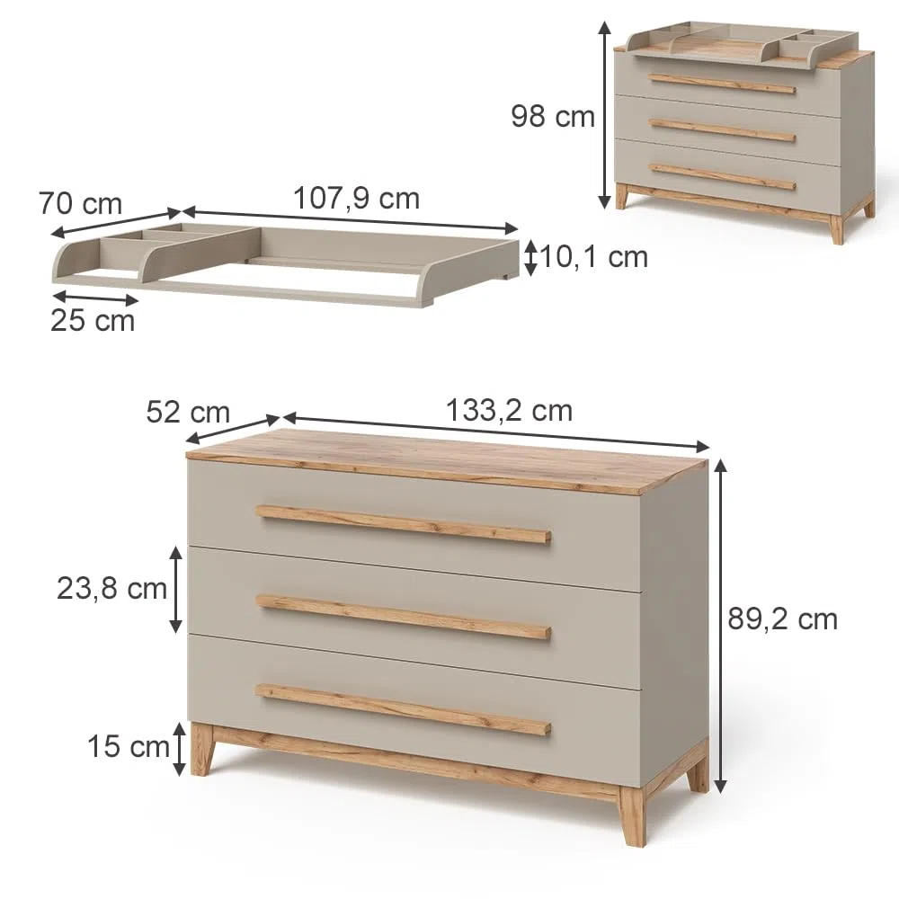 VitaliSpa Wickelkommode Malia Cashmere/Artisan 133.2 x 98 cm 3 Schubladen abnehmbarer Wickelaufsatz