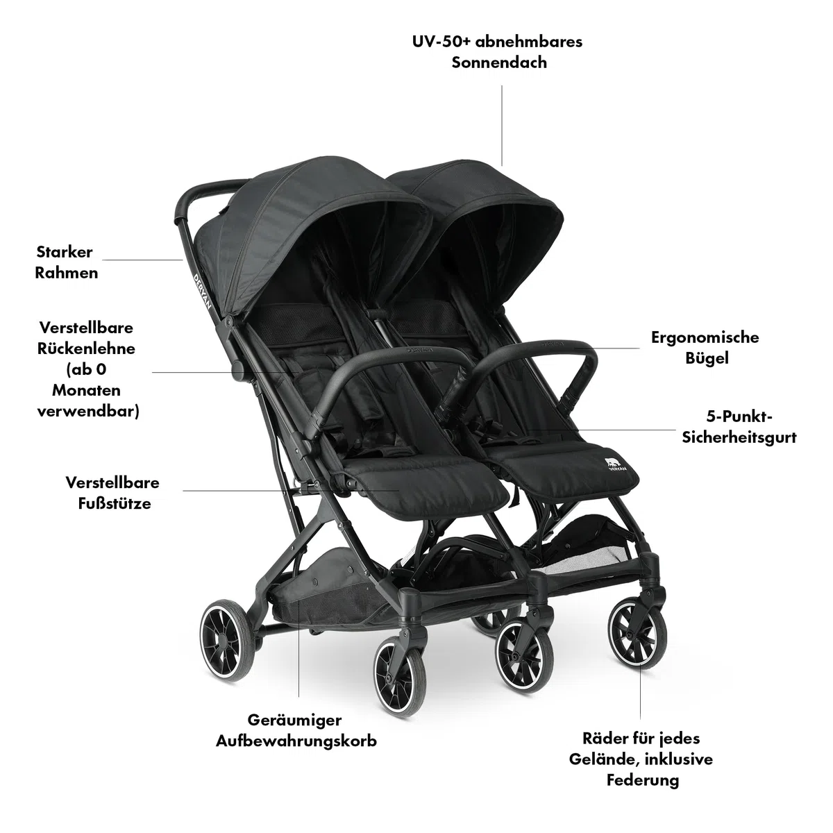 Deryan Rolo X2 Kinderwagen Buggy 2 in 1 - klappbar bis 44kg - Schwarz