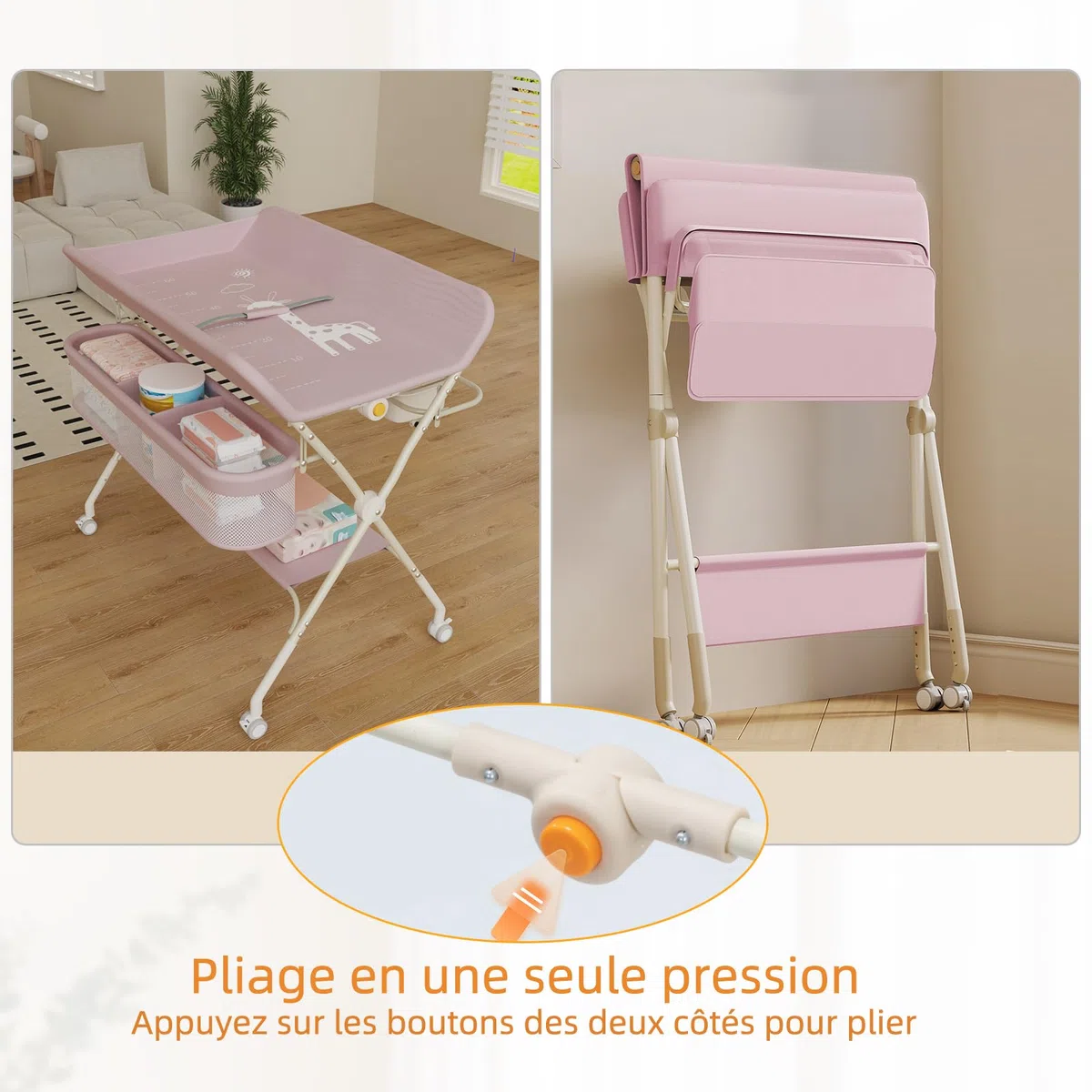 Mobiler Wickeltisch, Wickelkommode, faltbar, mit Aufbewahrungskorb, Wickeltisch für Neugeborene und Kleinkinder, 5 verstellbare Höhen, Höhe 62 – 90 cm, Rosa
