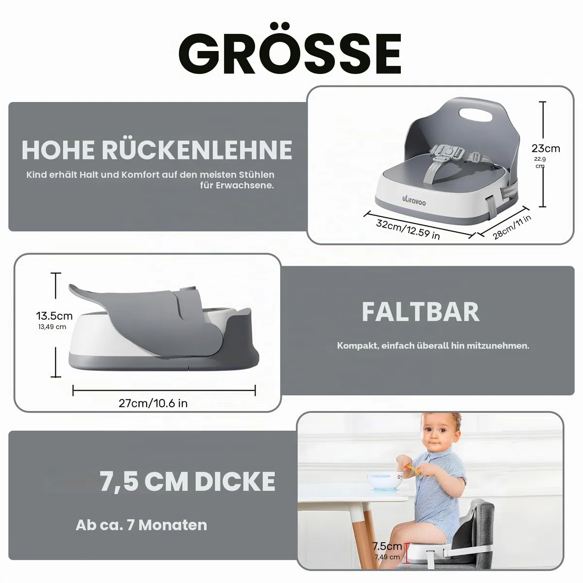 UBRAVOO Tragbarer Sitzerhöhung Kind zum Essen, Reisehochstuhl mit 3-Punkt-Gurt, waschbarer Baby-Essstuhl ab 6 Monaten (Grey)