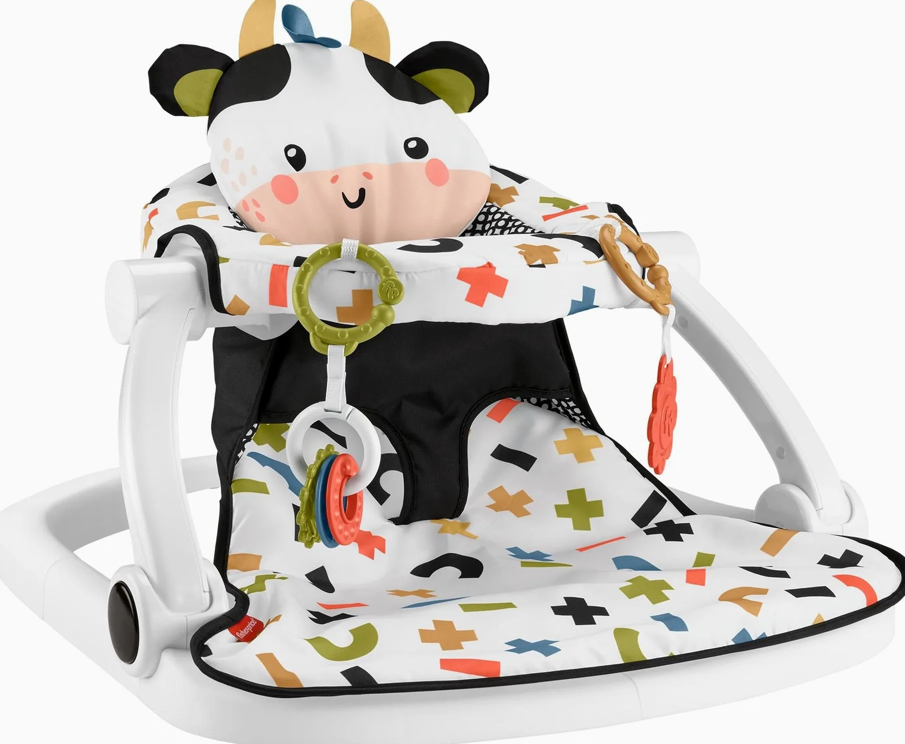 Fisher-Price Tragbarer Babystuhl, niedlicher Kuh-Sitz, Bodensitz mit BPA-freiem Beißring und Klacker, Entwicklungsspielzeug für Neugeborene