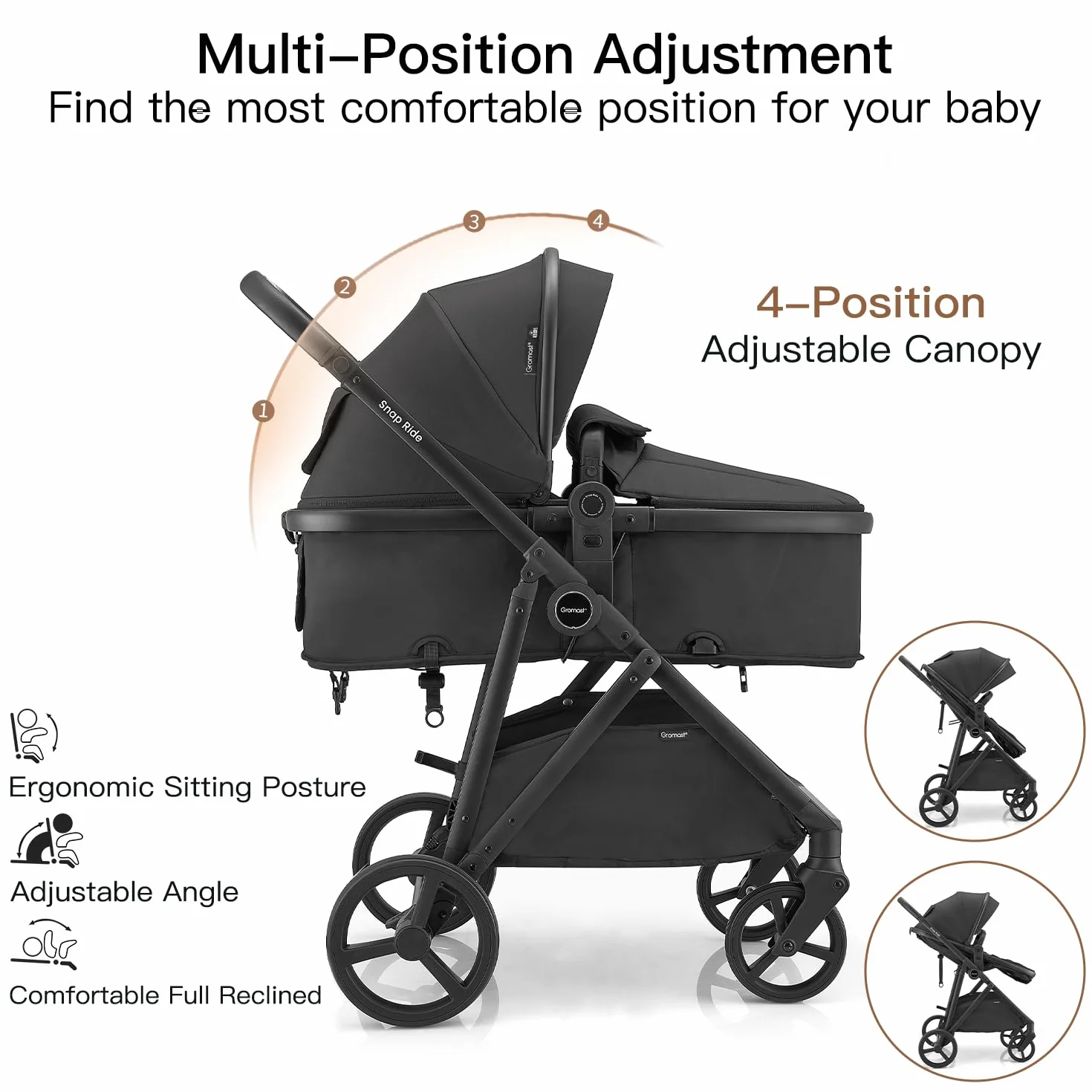 Gromast 3-in-1-Kinderwagen, wandelbarer Kinderwagen für Neugeborene, Säuglinge und Kleinkinder mit umkehrbarem Sitz, Sonnendach mit Lichtschutzfaktor 50+ und Getränkehalter – Schwarz