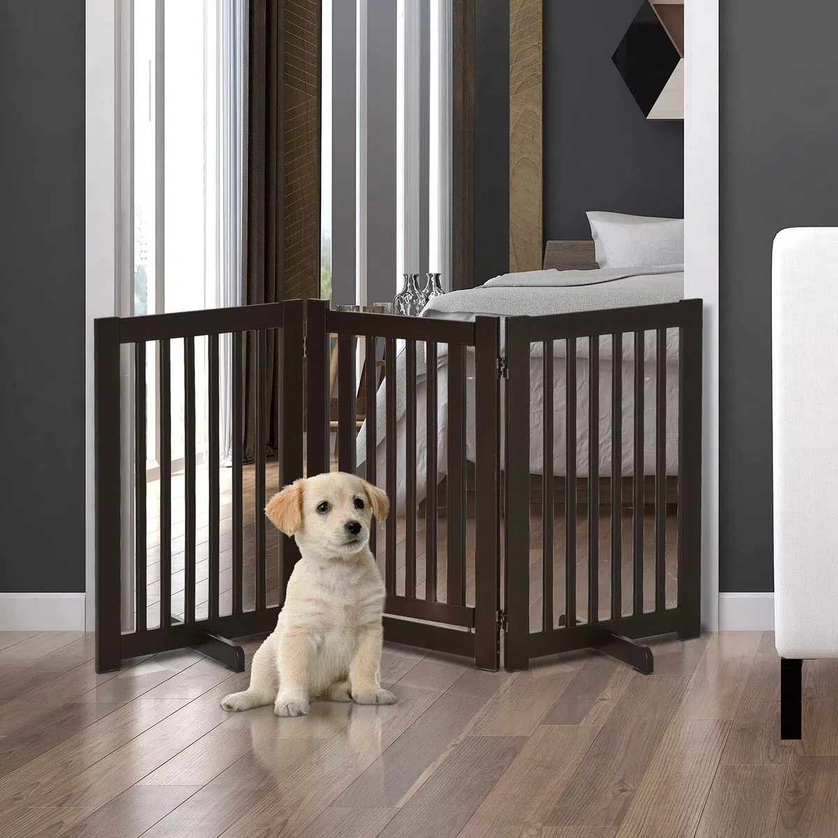 PawHut Absperrgitter Hund Freistehend Verstellbar 155 x 76 cm Dunkelbraun | Schutzgitter mit Füßen, Holz Hundegitter, Klappbar, Treppenschutzgitter, für Treppen Türen Küche Flur, 3 Paneelen