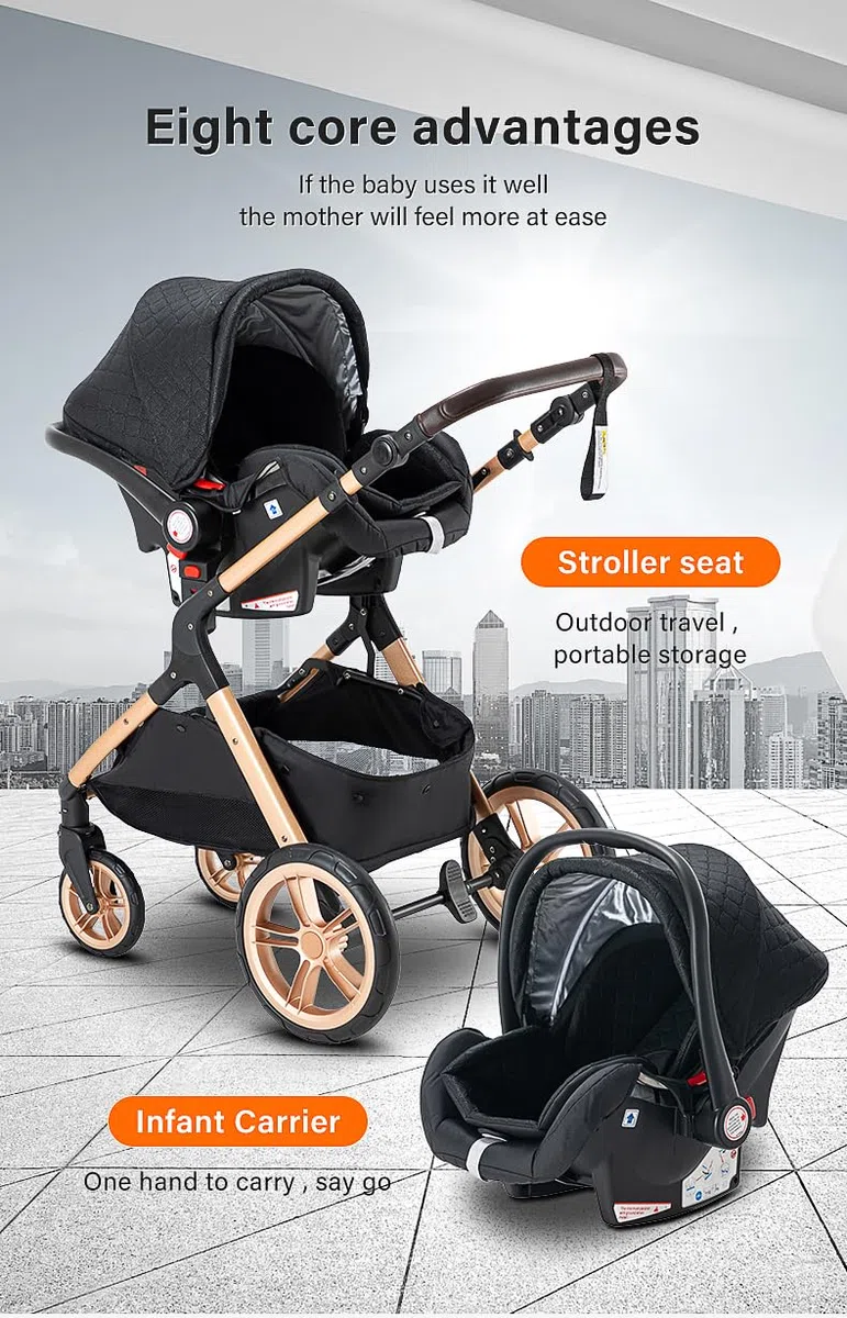 kinderwagen 3 in 1, Zusammenklappbarer Kinderwagen KombiKinderwagen Aluminiumrahmen für Neugeborene Getränkehalter Moskitonetz Regendecke Sitz Windelbeutel (3 in 1 XX1 Creme)