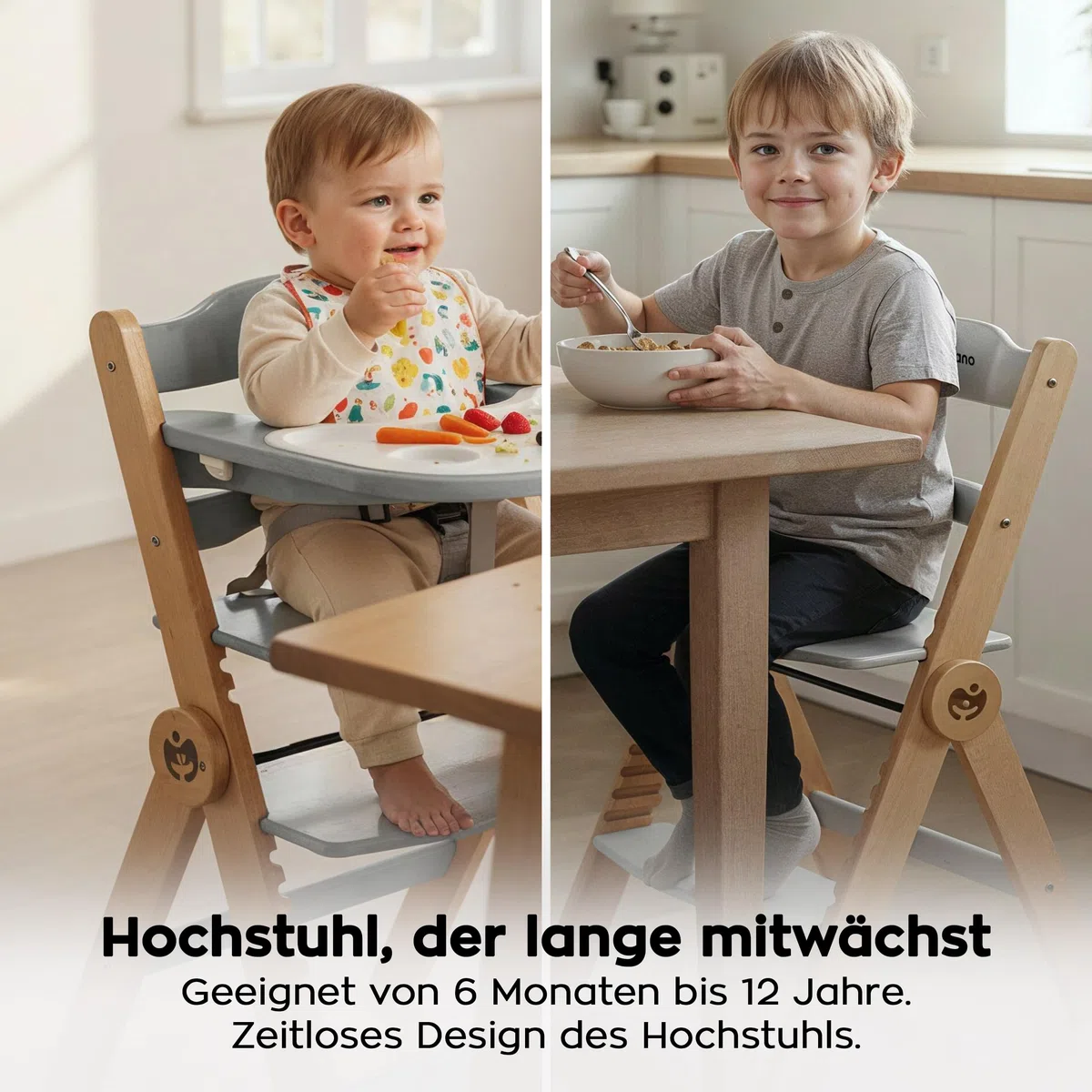 Tulano Morsel 45 Babyhochstuhl 4in1 aus Holz - Klappbar & mitwachsend | 3-Punkt-Gurt - Schutzbügel - Essbrett spülmaschinenfest - Rutschfeste Füße - 6 Monate bis 12 Jahre - Bis 40 kg - Grau