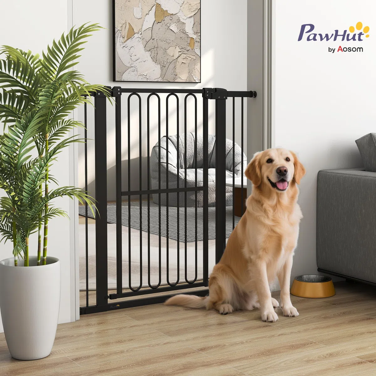 PawHut Treppenschutzgitter 104cm Türschutzgitter Absperrgitter ohne Bohren 76-104 cm Schutzgitter aus Stahl für Hunde, Haustiere Treppen, Tür, Schwarz