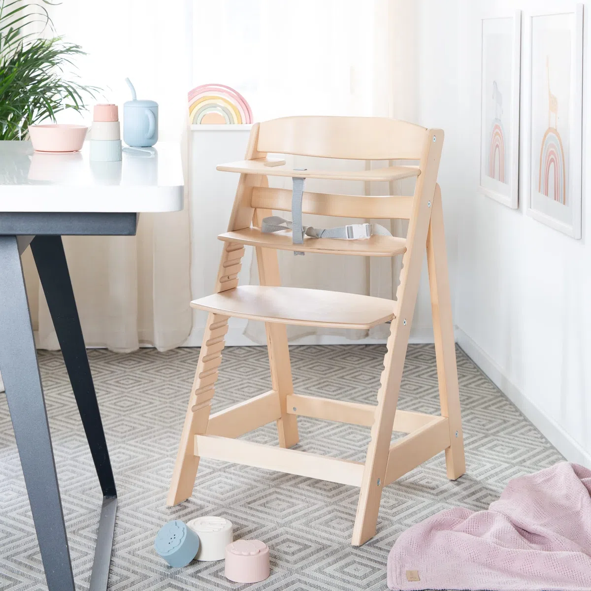 roba Babyhochstuhl Sit Up Flex - Mitwachsender Hochstuhl aus Holz - Verstellbarer Kinderhochstuhl mit Schrittgurt - ab 6 Monaten bis 70 kg - Natur