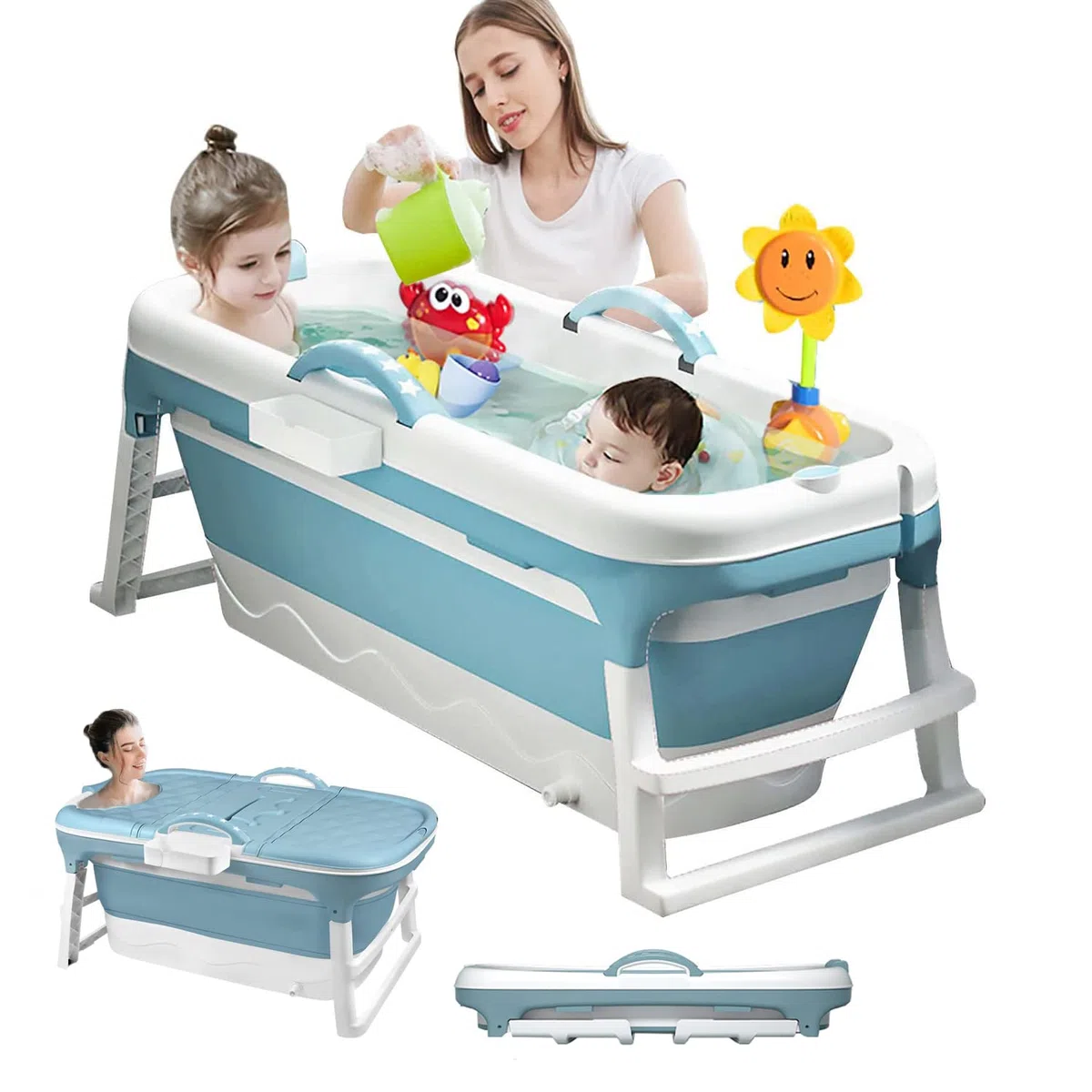 Einesin 3 in1 Faltbare Badewanne für Kleinkinder & Kinder, Erwachsene, Haustier, große mobile Badewanne, Tragbare Kunststoff Badewanne für Dusche,mit abnehmbarer Bezug (118 * 62 * 54 CM)