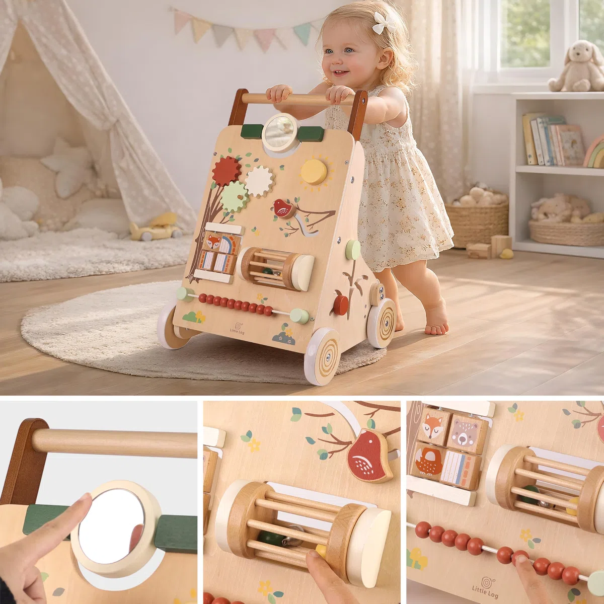 Little Log Lauflernwagen Holz, Baby Lauflernhilfe mit Activity Center | Multifunktionales 9-in-1 Montessori Spielzeug mit Rädern Gehhilfe & Baby Walker Geschenk für Mädchen und Jungen ab 1 Jahr