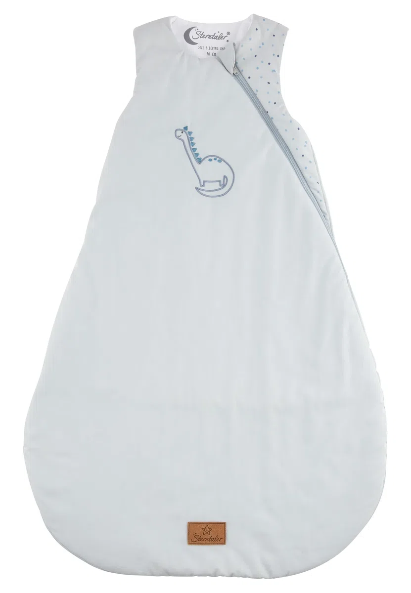 Sterntaler Schlafsack 90 cm Dino Rexi - Kinder und Baby Schlafsack aus gemustertem Polycotton mit feuchtigkeitsregulierendem Futter, wattiert, seitliche Kabelöffnung, TOG 1,5 - graublau