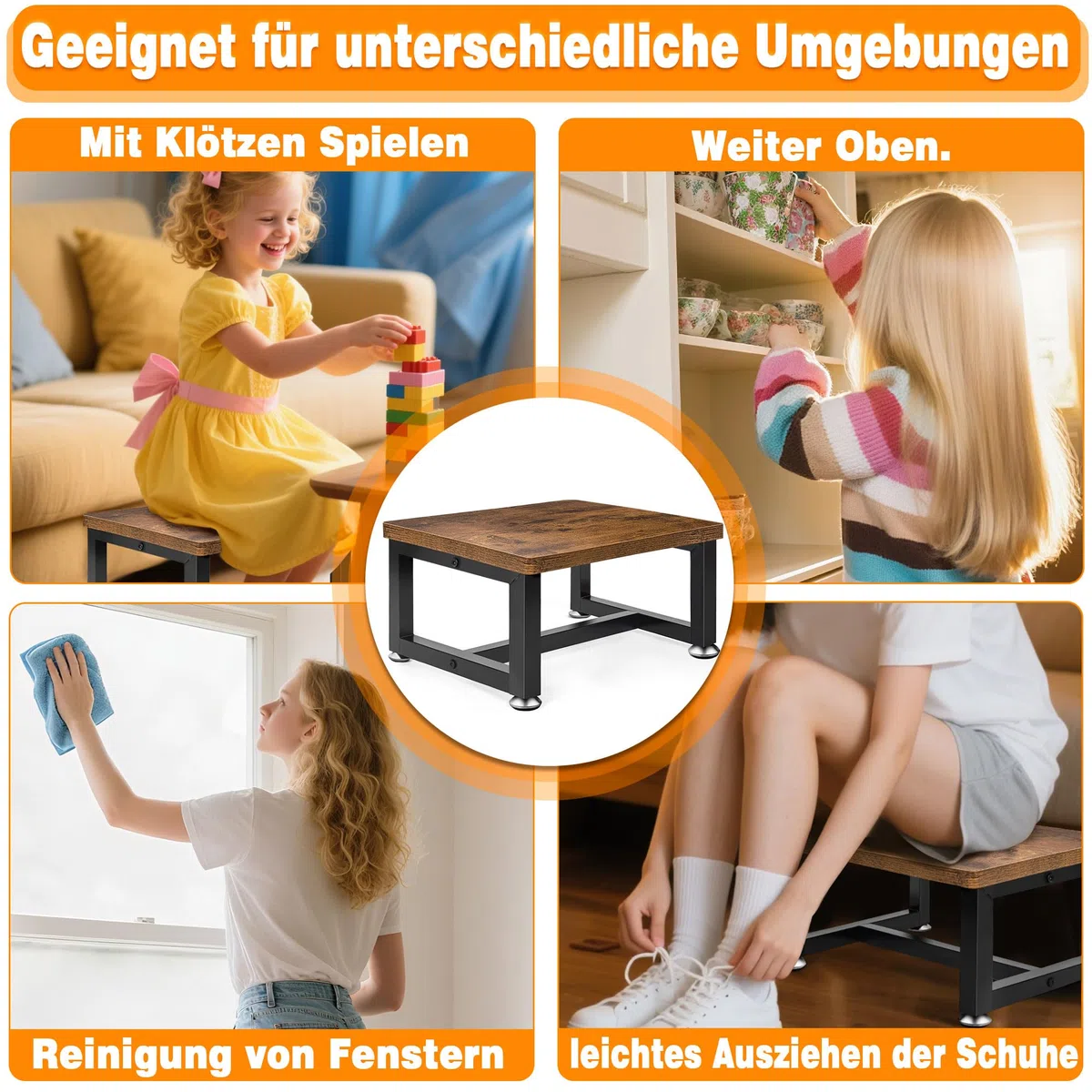 Tritthocker Kinder Stufen, Verdickter Unterbalken, Holz Fußhocker | Bis zu 300 Lbs Belastbarkeit, Für Küche, Bad, Kinderzimmer, Stabile Konstruktion,Metallrahmen,1L