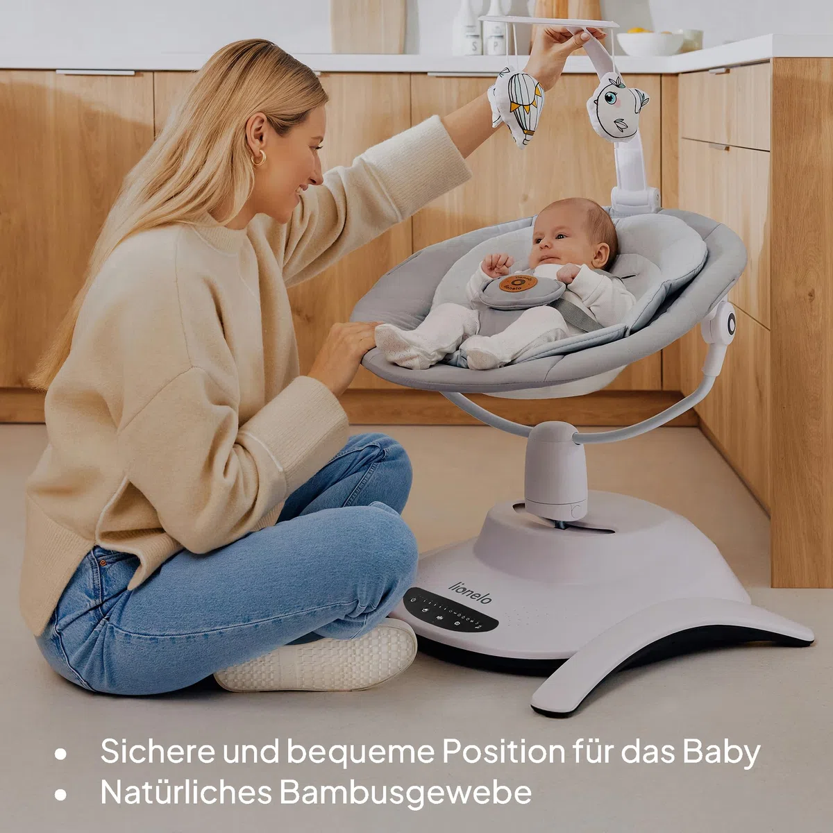 LIONELO Bella Set 2-in-1 Elektrische Babywippe mit Babywanne 360o für Babys bis 9 kg, verstellbare Rückenlehne, 5 Schaukelgeschwindigkeiten Anti-Rutsch Sicherheitsgurt