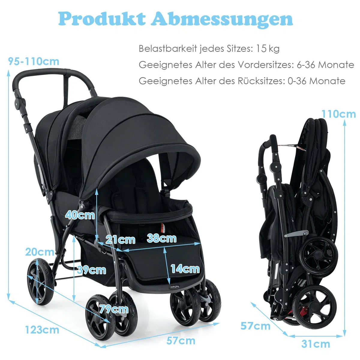 DREAMADE Geschwisterwagen 2 in 1, Doppelkinderwagen Faltbar, Babywagen mit Doppelsitz, Grau