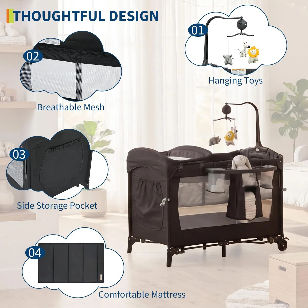 5 in 1 Beistellbett, Reisebett Baby mit Matratze, Babybett | mit Auto-Lock Räder Faltbarer Laufstall mit Musik-Spielbogen, Kinderreisebett mit Bassinet & Wickeltisch, Atmungsaktives Netz