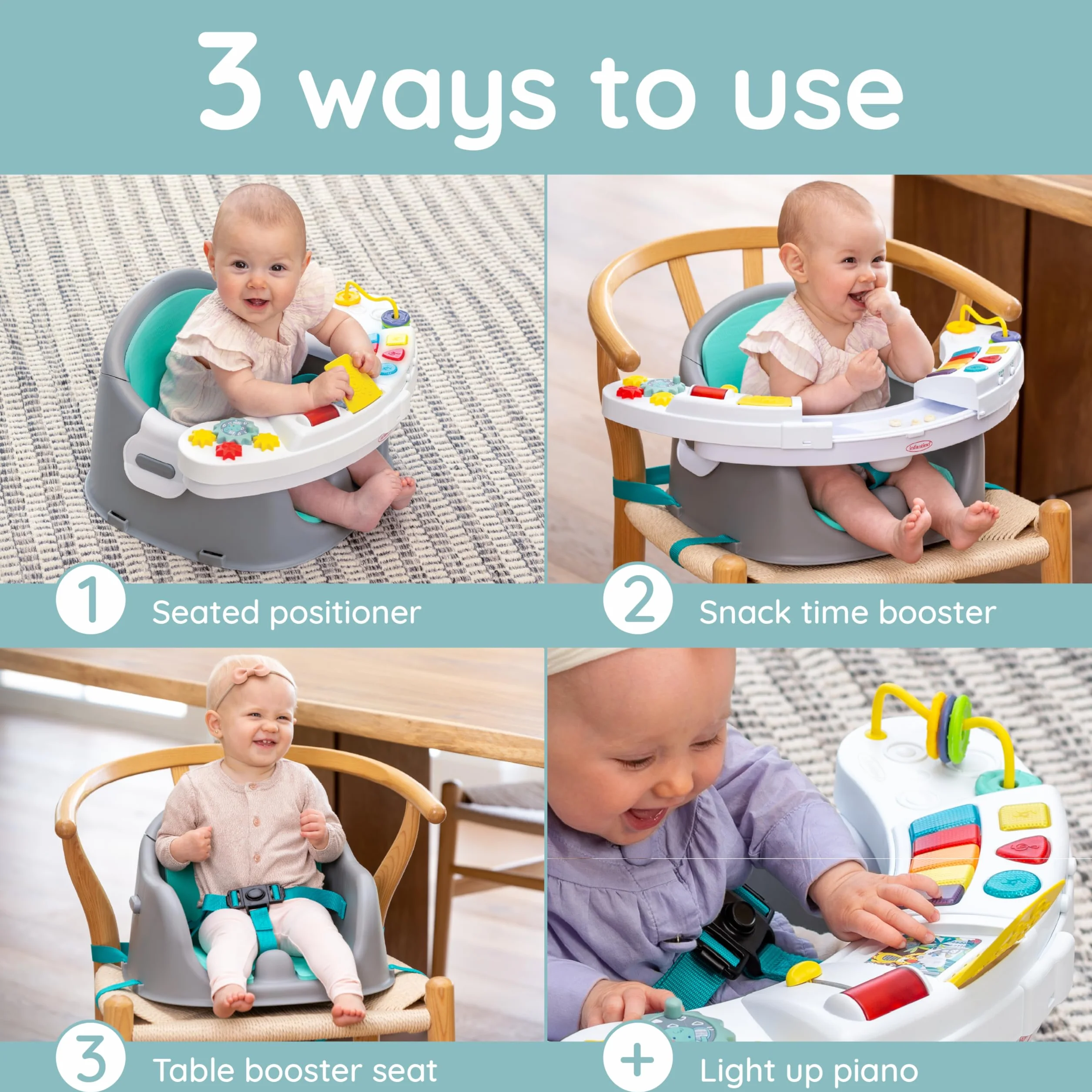 Infantino Music & Lights 3-in-1 Baby-Booster, Entdeckungssitz, Mitwachsend, Umwandelbarer Baby-Sitz, Blau