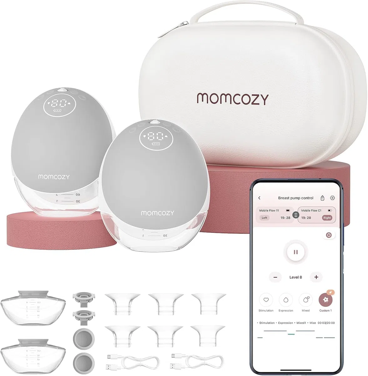 Momcozy Freihändige Milchpumpe Mobile Flow | M9 Upgrade, Elektrisch & App-Steuerung, Personalisierte Multi-Modi & 15 Stufen, Tragbare Pumpe, 24 mm (Grau, 2 Stück)