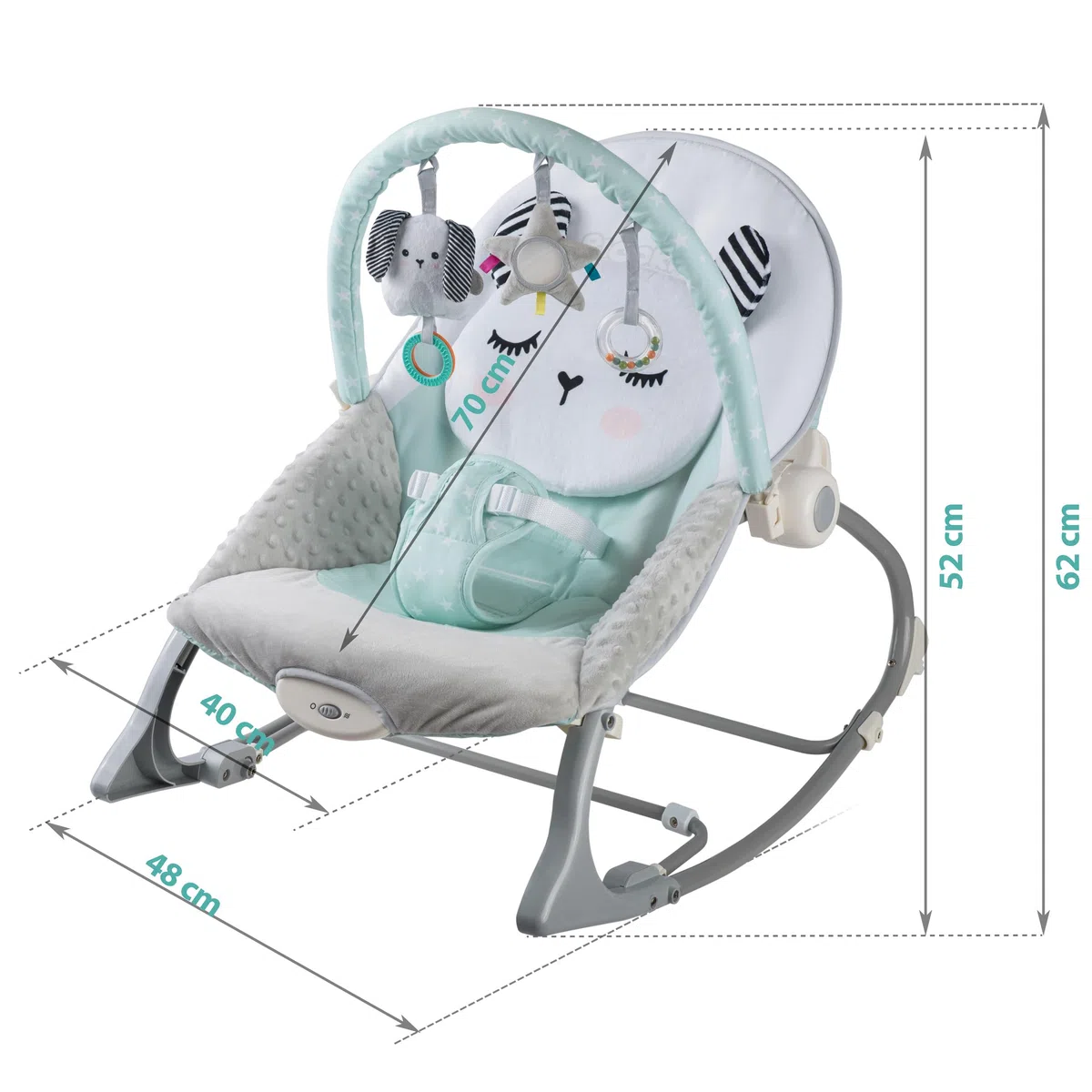 Nukido Babywippe Baby Wippe Babyschaukel Babyliege - mit Vibration und Spielzeugen - Rutschfeste Füße und 3-stufige Sicherheitsgurte - bis 18 kg Grau-Minze