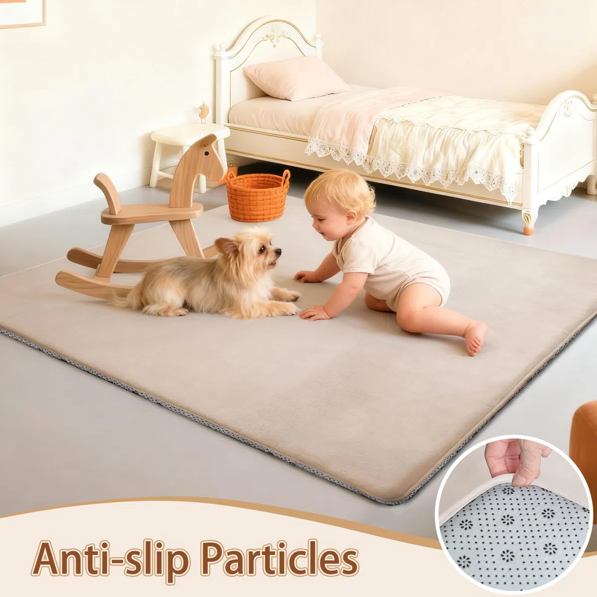 Spielmatte Baby 130 x 250 cm Hellbraun 2cm Dicke Teppich für Kinderzimmer mit Krabbelmatte Baby mit Rutschfester Unterseite Krabbeldecke, Kinderteppich, Spielteppich Kinder, Teppich Baby