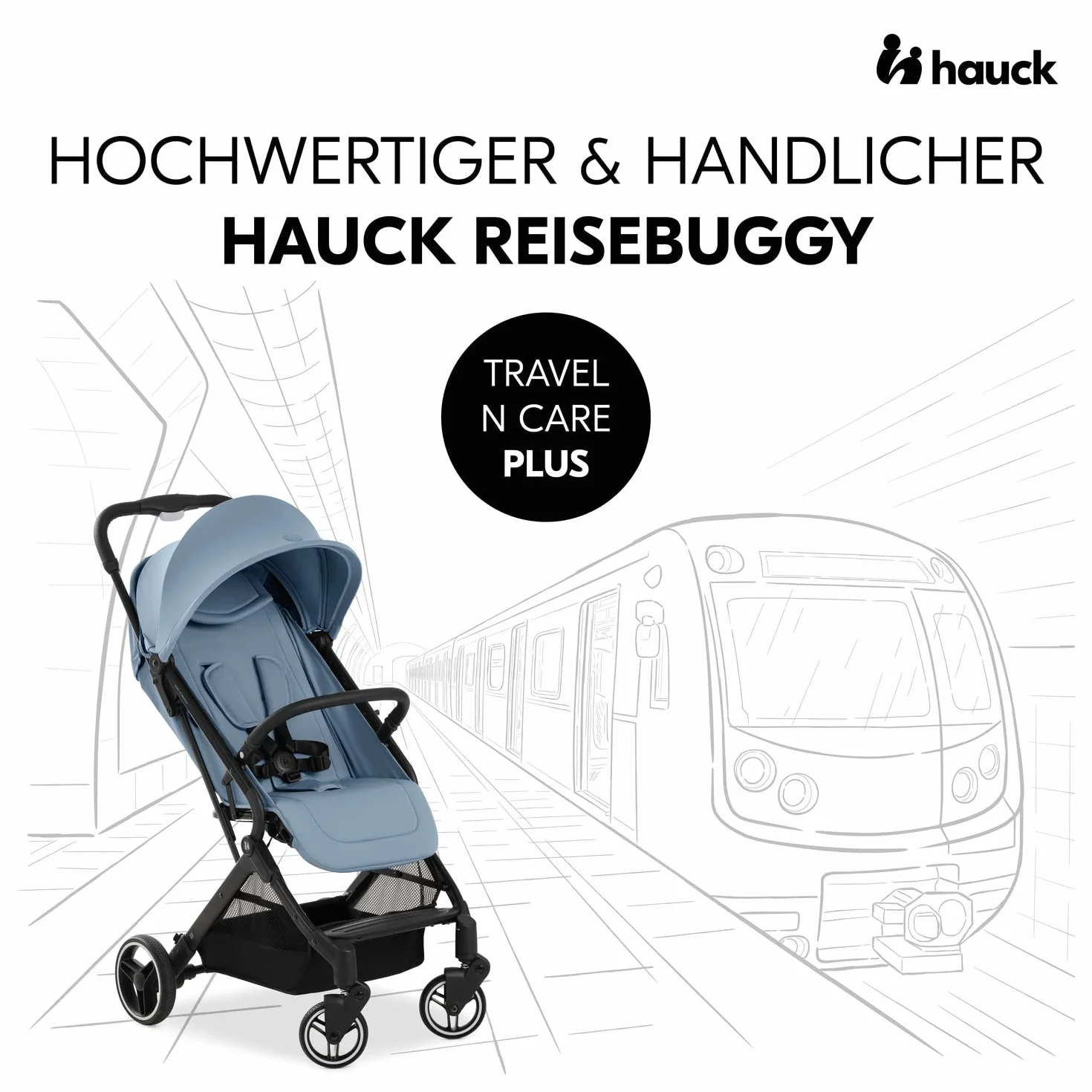 Hauck Travel N Care Dusty Blue Reisebuggy Einhändig Klappbar Leichter Buggy mit Tragegurt Kopfpolster Stretch-Stoff Liegeposition bis 22 kg UV-Schutz 50+ PU Räder