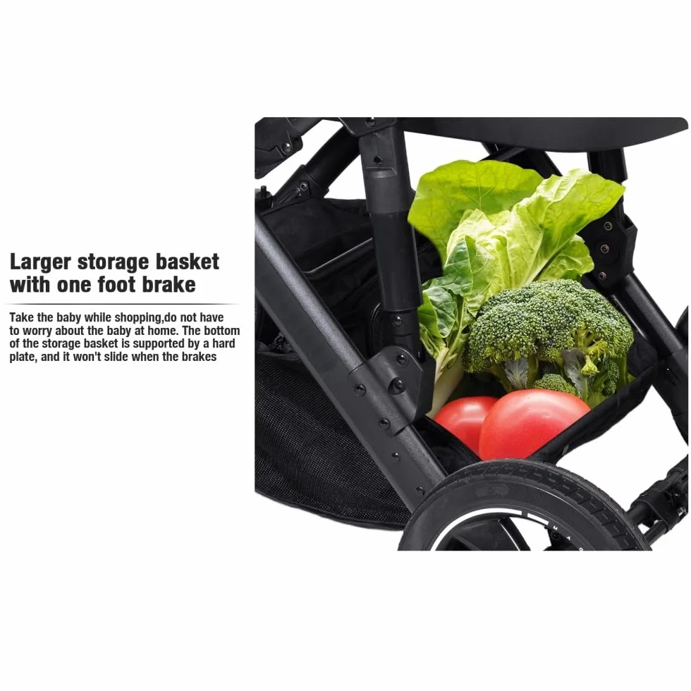 4 in 1 Kinderwagen Schwarz, Aluminiumrahmen, höhenverstellbarer Griff | Weiche Polsterung für erholsamen Schlaf. Stabiler Aluminiumrahmen und flexibler Schiebegriff
