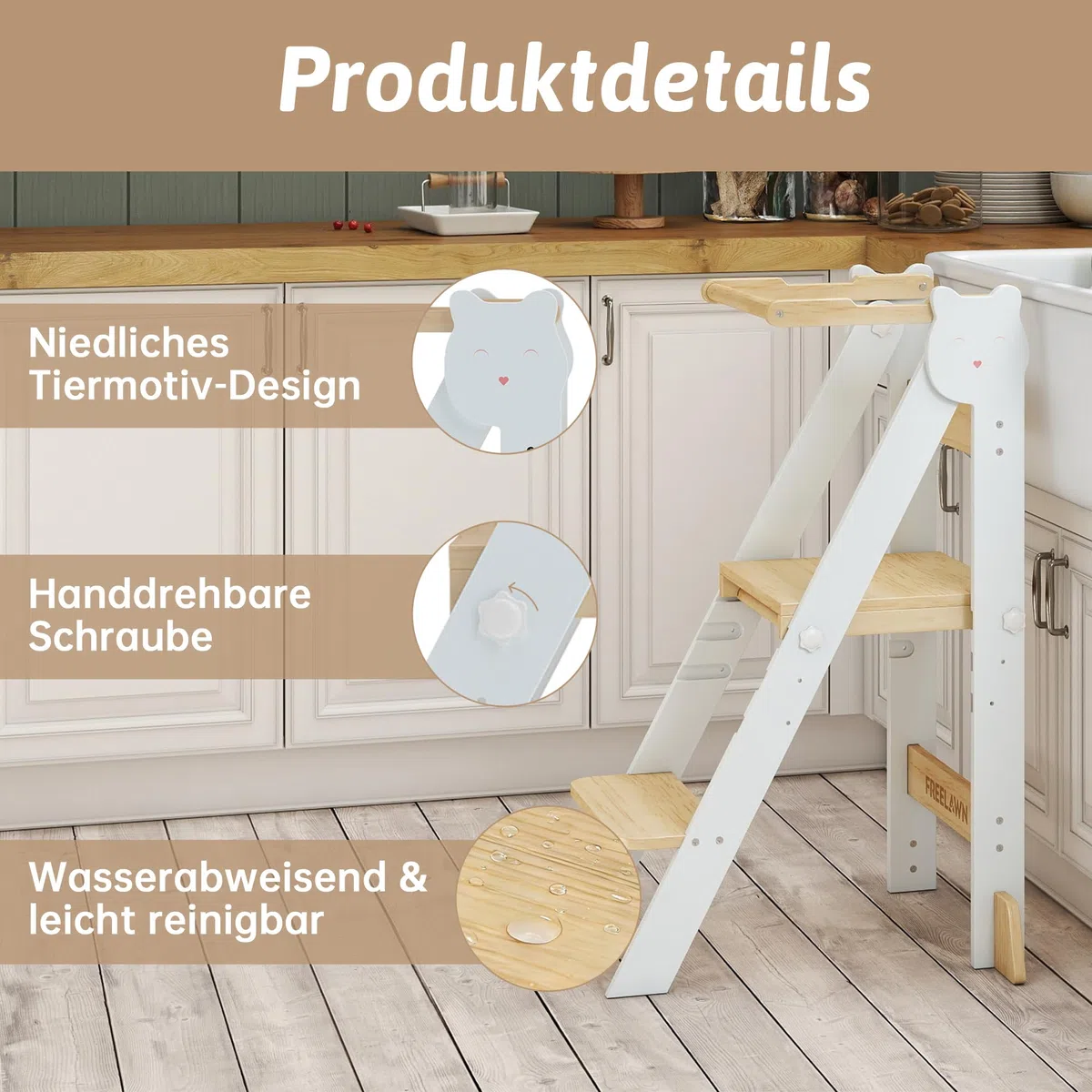 Lernturm Klappbar & 3-Fach Höhenverstellbar - Kippsicherer Learning Tower aus Kiefernholz - Mitwachsender Trittschemel für Kinder (1-5 Jahre) - Stabiler Küchenhelfer & Entdeckerturm (Weiß)