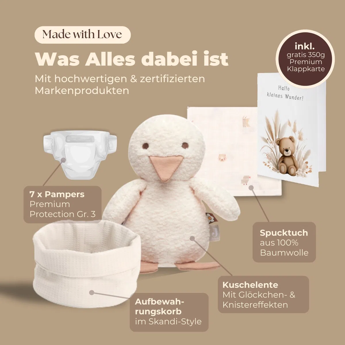 Baby Geschenkkorb zur Geburt – Windeltorte neutral mit Kuscheltier Ente, Spucktuch & Karte, Baby Willkommensgeschenk Junge & Mädchen, Handmade Erstausstattung Set & Wickeltisch Organizer