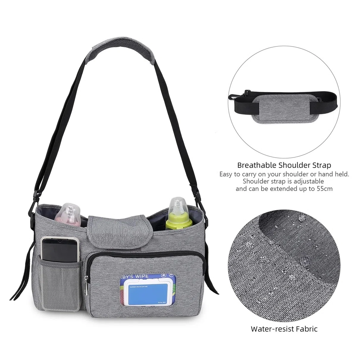 Kleine Wickeltasche, Kinderwagen-Organizer mit isoliertem Getränkehalter und Schultergurt, Mini-Kinderwagen-Aufbewahrungstasche for den Außenbereich(Dark blue)