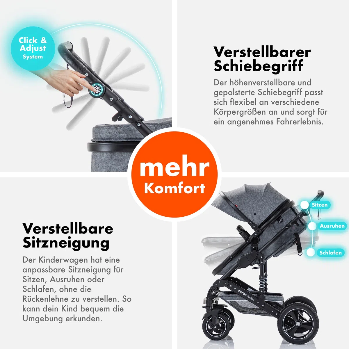 Daliya BAMBIMO 3in1 Kinderwagen & Buggy Set mit i-Size Babyschale ECE R129 Kombikinderwagen ab Geburt bis 22 kg pannensichere Räder Federung höhenverstellbar Dunkelgrau Rahmen Schwarz