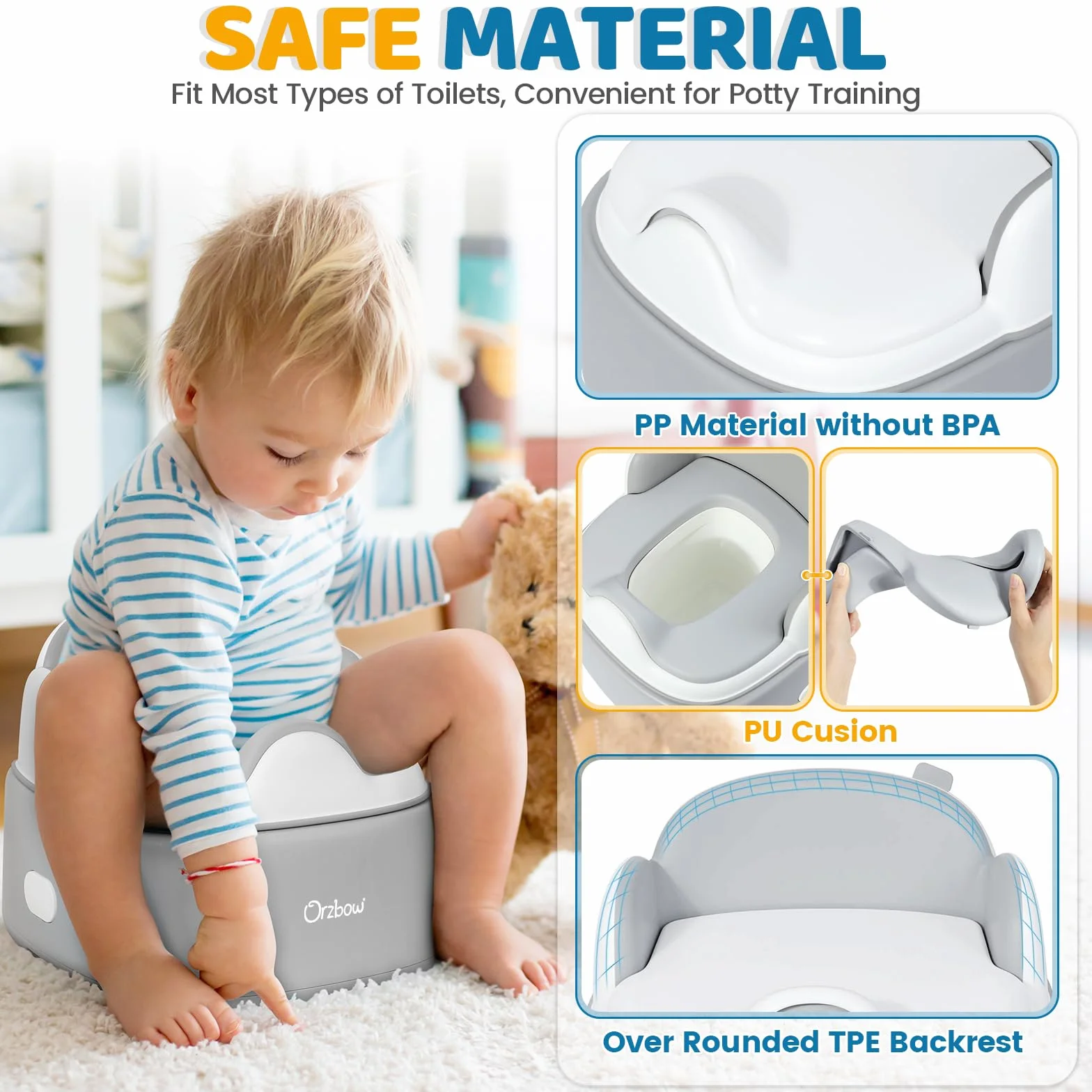 Orzbow Töpfchen für Kinder, 3-in-1 Toilettensitz Kinder mit Tritthocker, Verstaubar Kindertoilette mit Spritzschutz, Einfaches Design, Leicht zu Reinigen, Glatt und Gratfrei, Grau