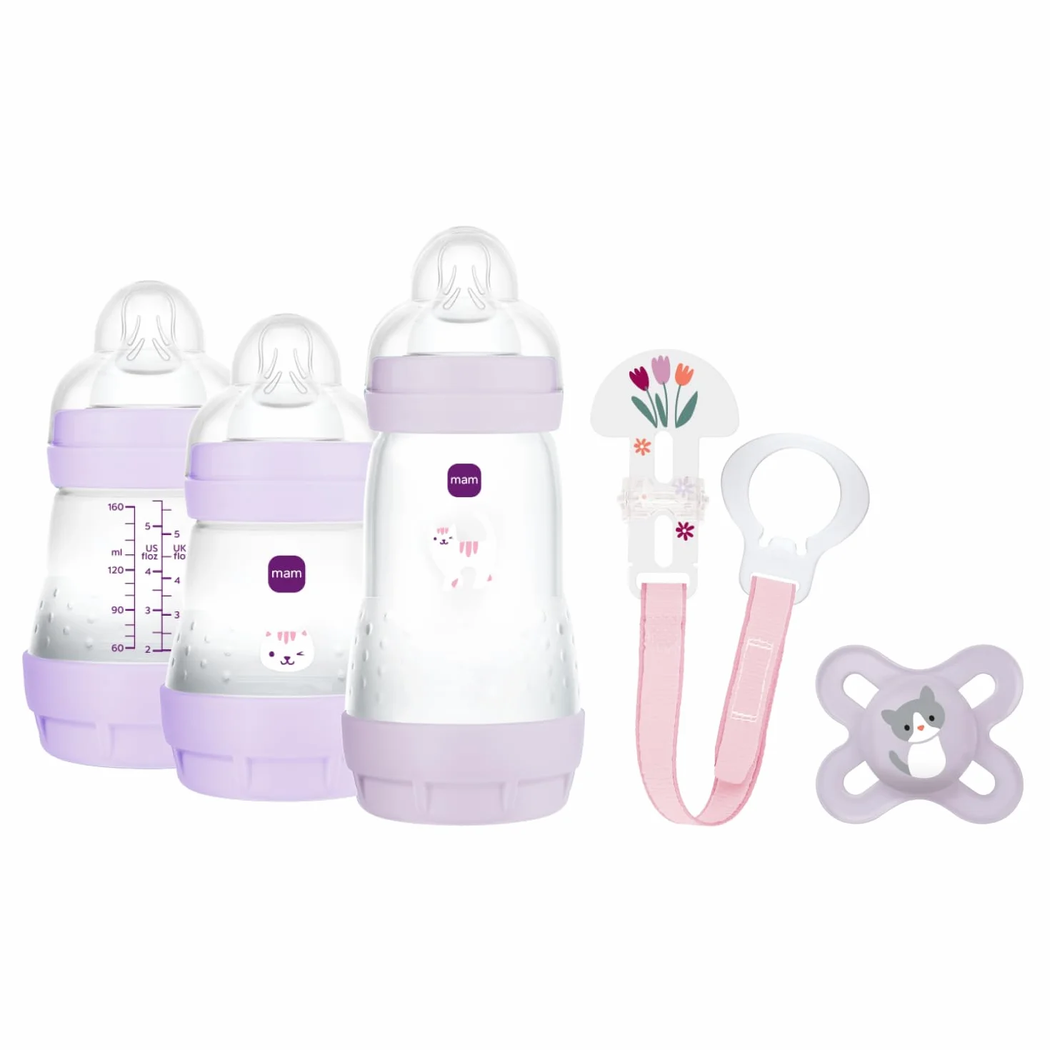 MAM Welcome to the World G102-3 Babyflaschen Easy Start Anti-Colic, 1 Schnuller Start und 1 Brosche Clip 0+ Monate, Spanische Version, Rosa, 5 Stück