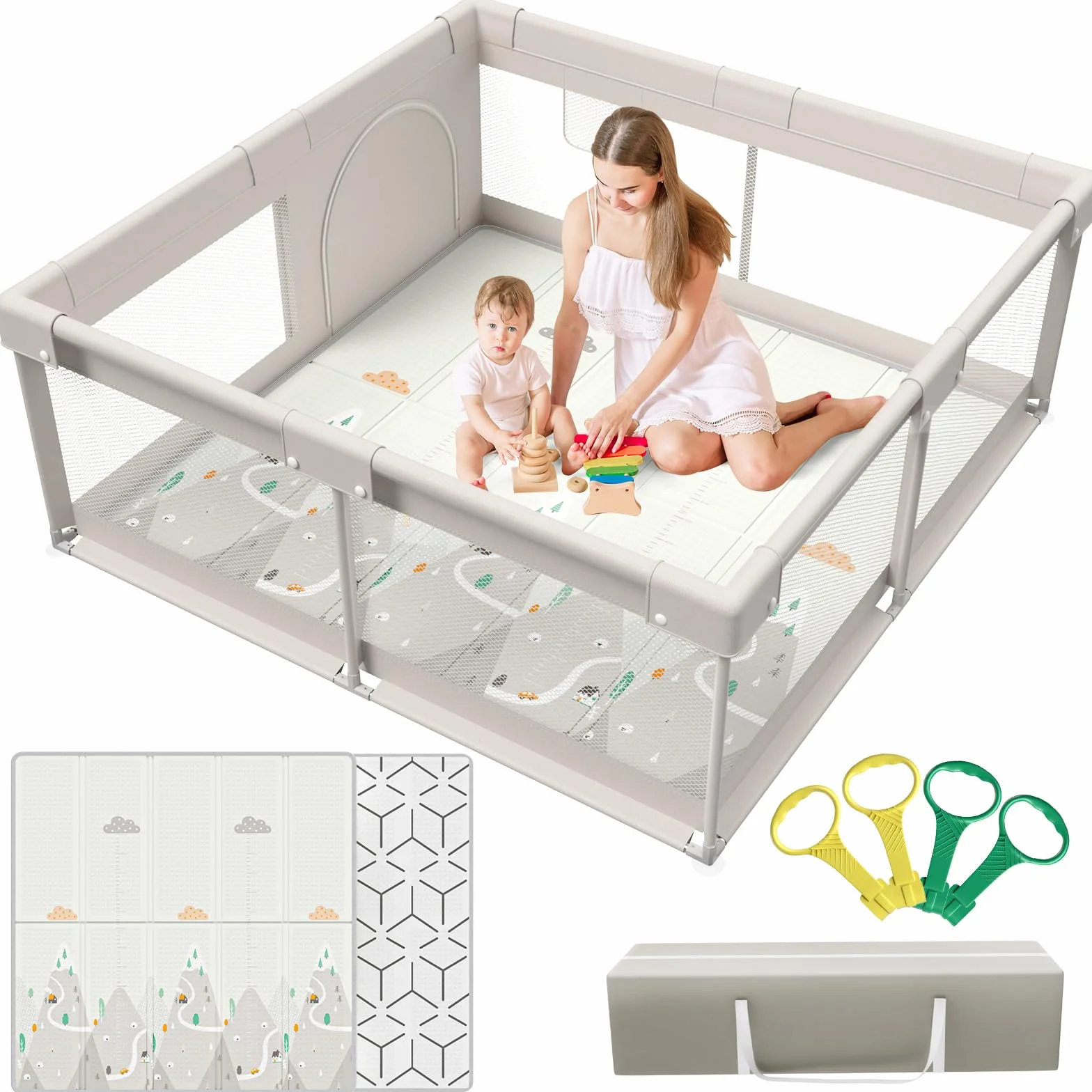 150x150 cm Baby Laufgitter mit Matte, Laufstall Baby mit Matratze (150X150X65 cm)