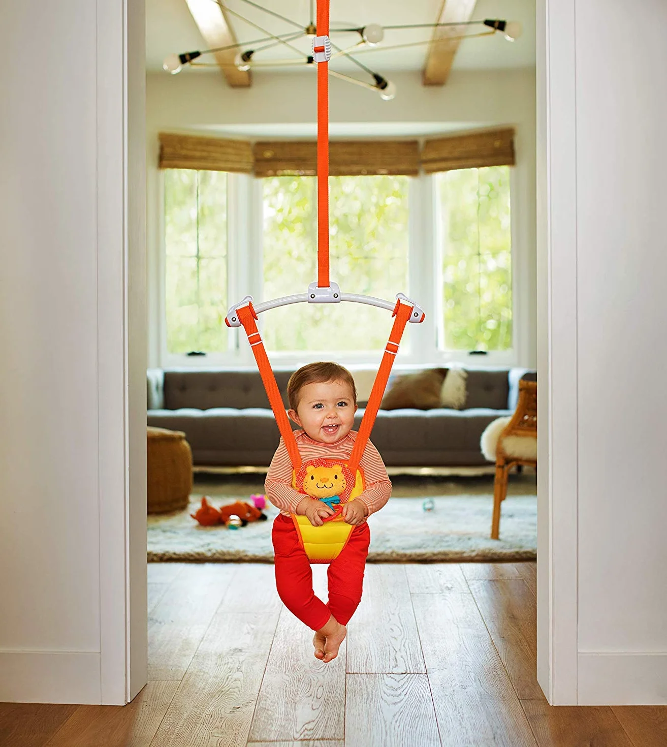 Munchkin Baby-Türhopser, höhenverstellbarer und gepolsterter Jolly jJmper mit Quietschkopf und Beißring, stabile Babyschale - Lenny der Löwe