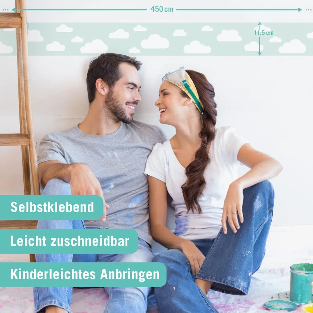 Bordüre selbstklebend WOLKE MINT GRÜN - Wandbordüre Kinderzimmer Babyzimmer mit Wolken - Wandtattoo Schlafzimmer Mädchen & Junge – Wanddeko Baby Kinder