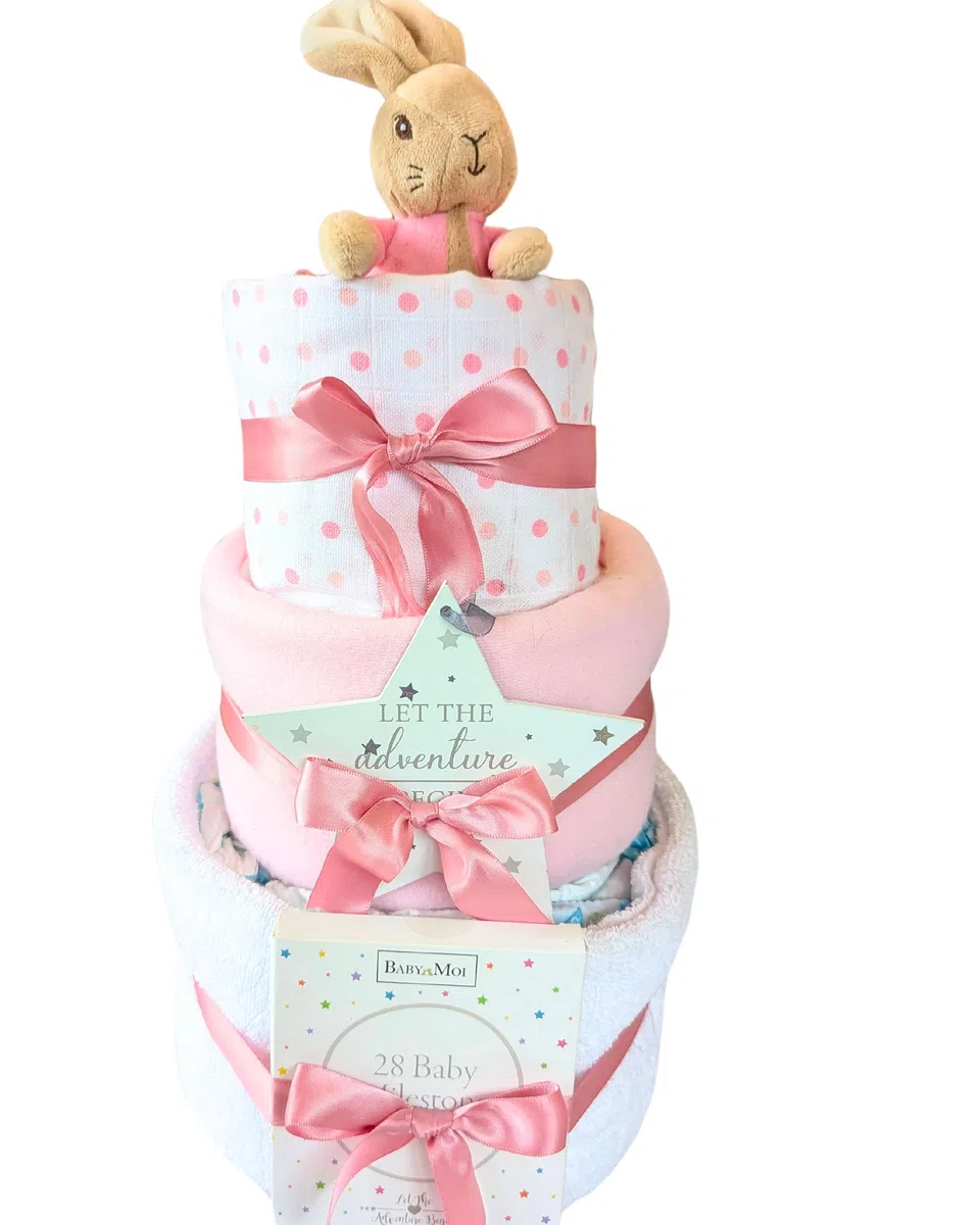 Flopsy Bunny Baby-Geschenk "Welcome to The World", Geschenk für Neugeborene, 3-stöckige Windeltorte