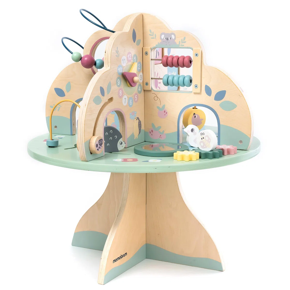 mamabrum Aktivitätstisch Holz für Baby Spielzeug 1 Jahr – Spieltisch für Motorikschleife, Abakus & Lernuhr – Montessori Lernspielzeug aus der Schleife Motorik