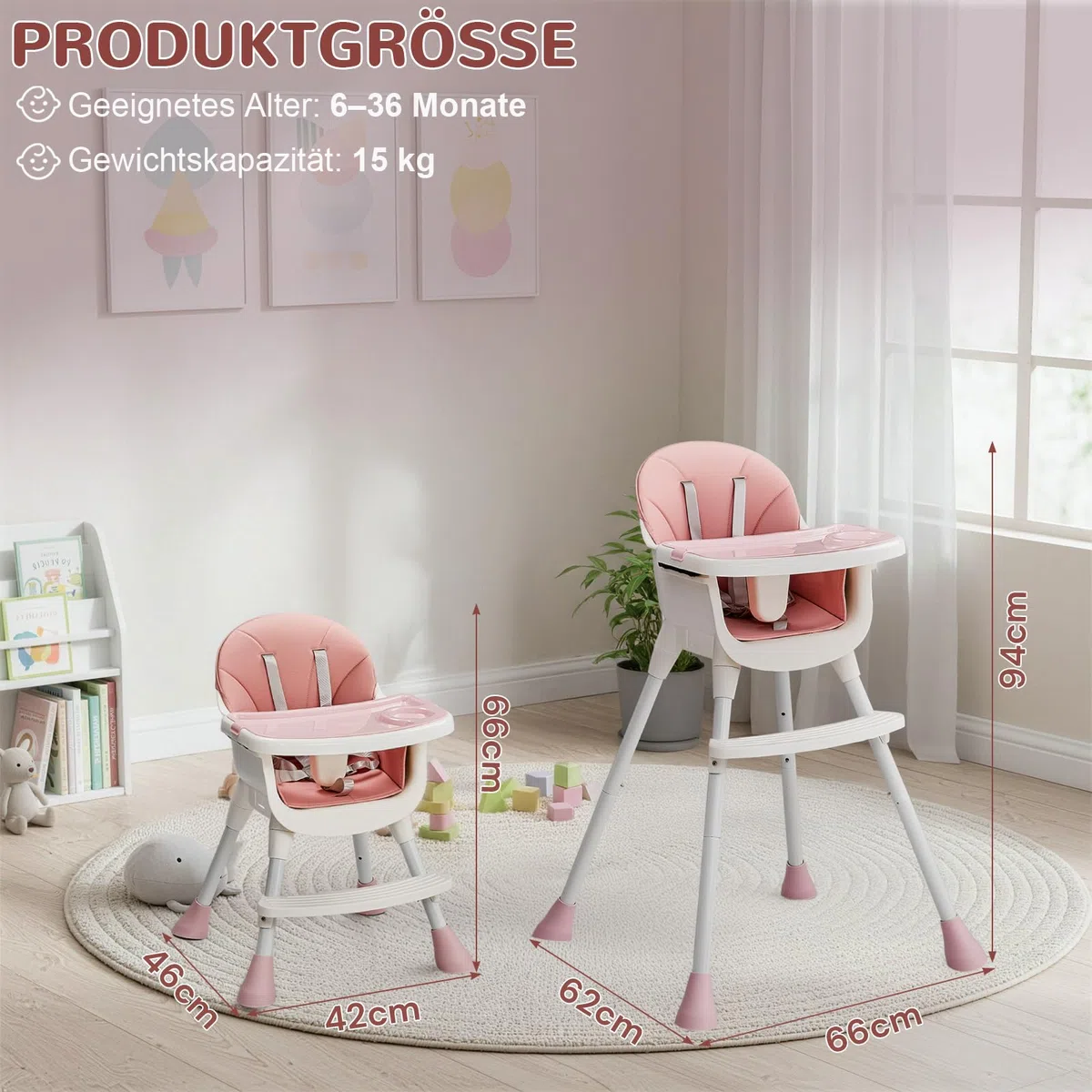 LEADZM 3 in 1 Babyhochstuhl, Verstellbar zum niedrigen Kinderhocker, Abnehmbares Doppeltablett, Mit 5-Punkt-Sicherheitsgurt, Maximale Belastung 15 kg, Geeignet für Babys von 6 bis 36 Monaten (Rosa)