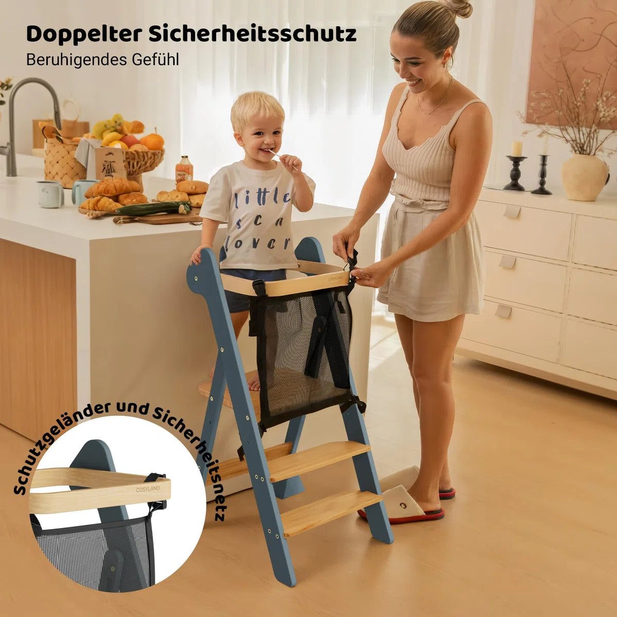 COSYLAND Lernturm ab 1 Jahr klappbar – iF Design Award Gewinner, höhenverstellbarer Lernturm mit Sicherheitsnetz, Montessori Learning Tower/Lernstuhl für Kinder, Holz (Schieferblau & Natur)